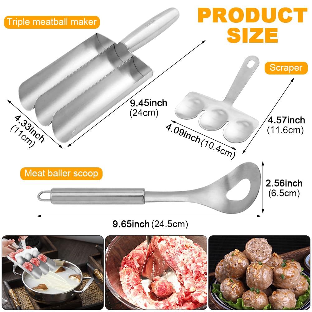 3-in-1 Stainless Steel Meatball Maker Tool - Non-Stick Meatball Scoop & Ball Shaper - Perfect for Homemade Meatballs, Meatball Subs & DIY Home Cooking - Ideal for Kitchens, Restaurants & Meal Prep