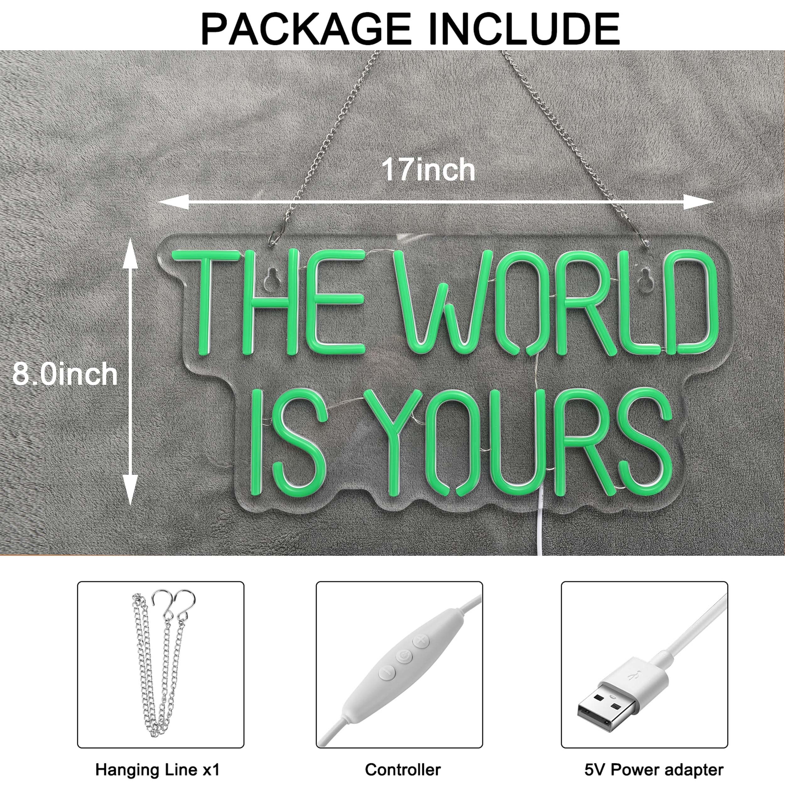 17x8 Inch LED Neon Green 'The World is Yours' Dimmable Wall Sign - Bedroom Decor, Home Accessories & Party Lighting for Living Room, Game Room and Holiday Decorations