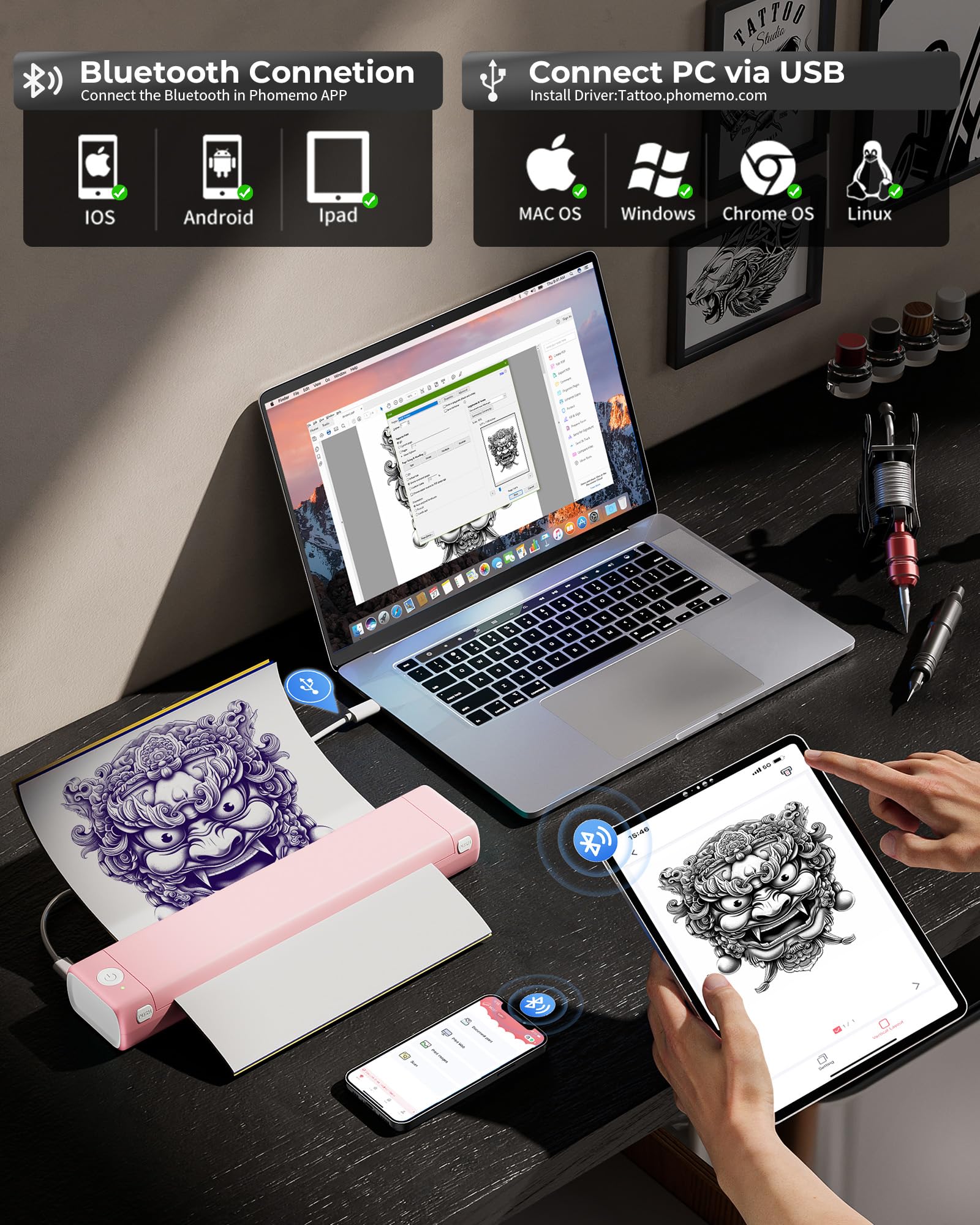 Itari M08F Wireless Tattoo Stencil Printer - Bluetooth Thermal Transfer Machine with 10pcs Tattoo Paper, Compatible with Smartphone & PC (Pink) | Professional Tattoo Design Transfer for Artists & Studios