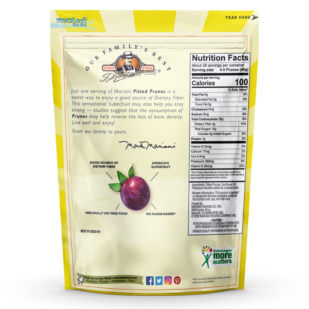 Premium Mariani Pitted Prunes - Natural Dried Fruit Snacks for Kids & Adults | Vegan, Gluten Free, No Sugar Added | Healthy On-the-Go Snack for Work, School & Travel | 36oz Pack (1 Count)
