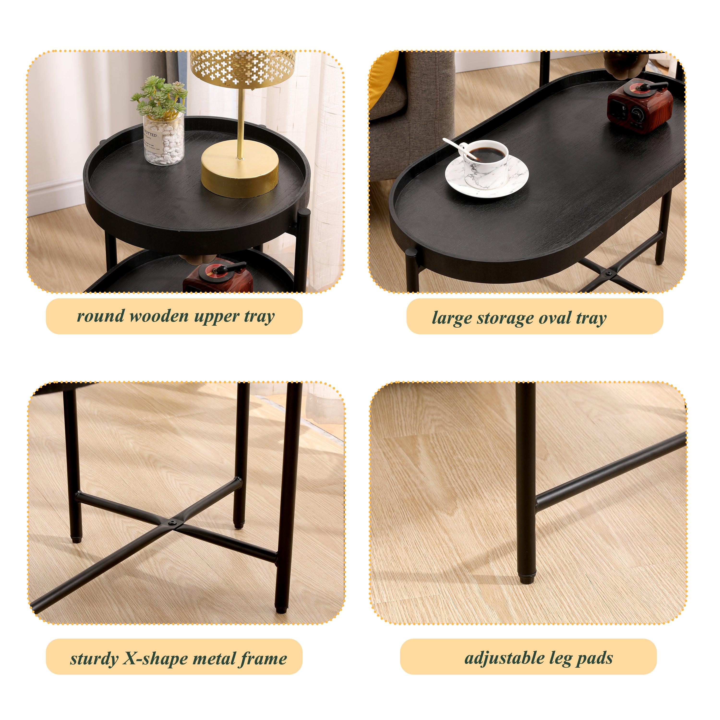 2-Tier Black Side Table with Storage - Metal Frame & Wooden End Table for Living Room | Sofa Table, Nightstand, Bedside Table for Small Spaces