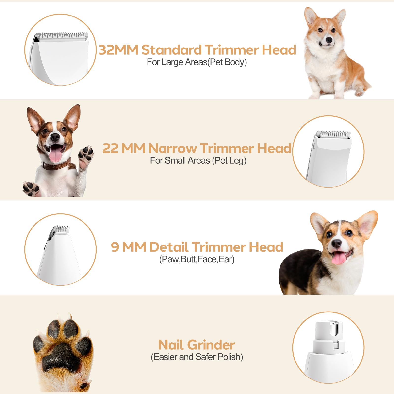 Professional 4-in-1 Cordless Dog Grooming Kit with Low Noise USB Clippers & Nail Grinder - Electric Pet Hair Trimmer for Dogs & Cats - Perfect for Paws, Eyes, Ears, Face & Matted Hair Care at Home