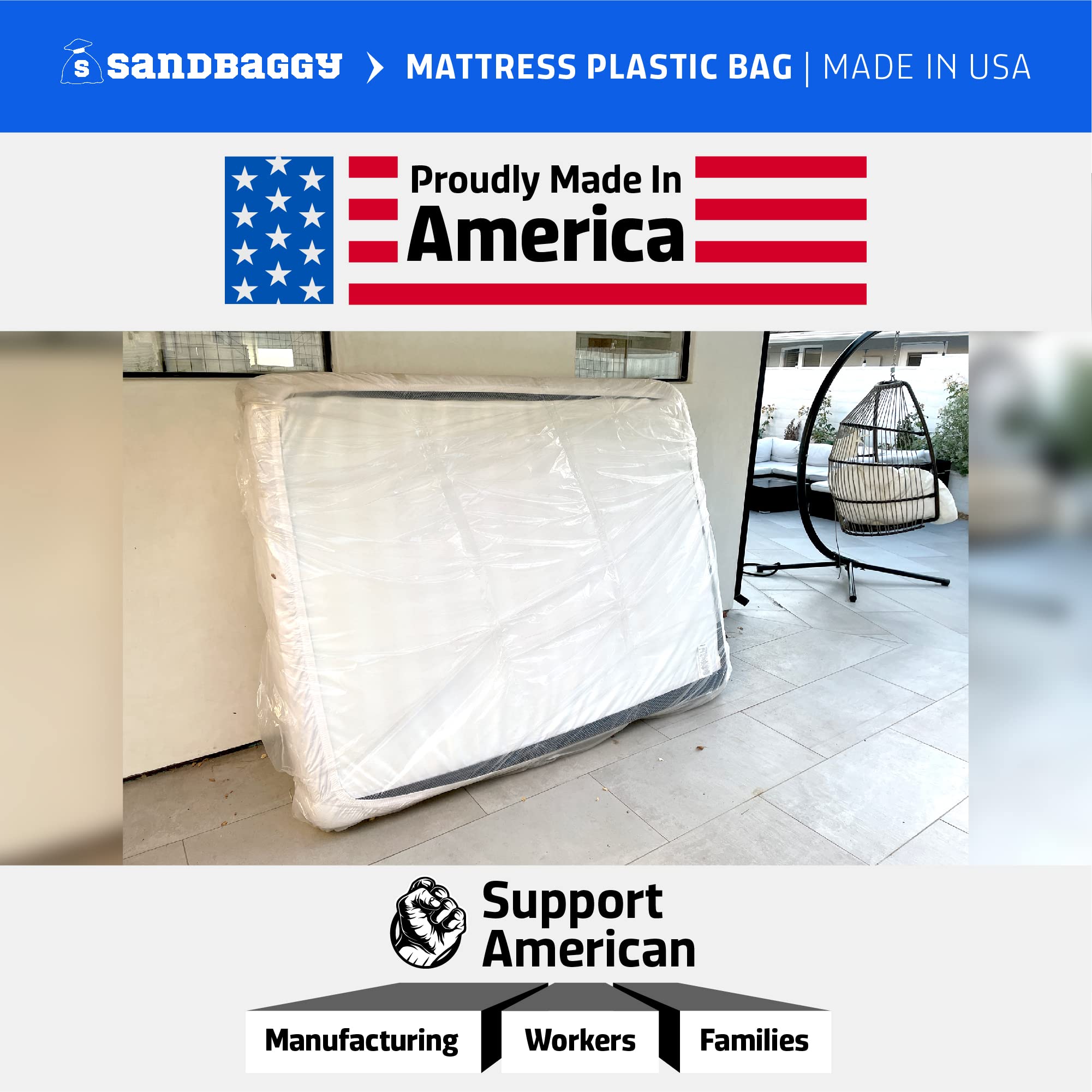 Sandbaggy Mattress Bag for Moving & Storage - Fits Twin, Twin XL, Full & Queen Beds - Heavy Duty 1.5 Mil Thick Clear Plastic Cover - UV Protection - Made in USA - Perfect for Home Moving, Long-Term Storage & Furniture Protection