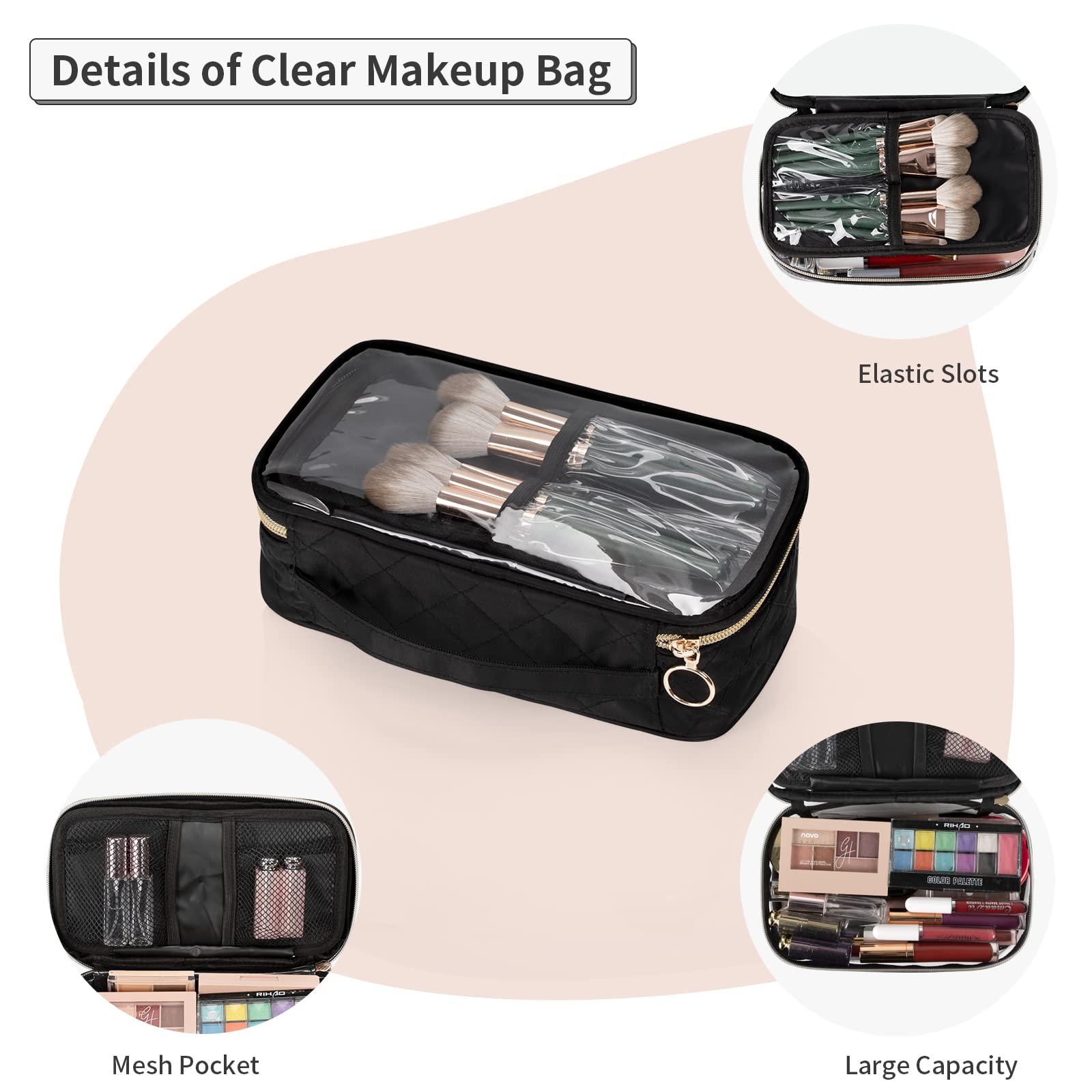 OCHEAL Clear Makeup Bag Organizer for Women - Travel Cosmetic Pouch with Brush Compartment & Divider - Portable Cute Makeup Case for Girls (Black) | Perfect for Travel, Gym & Daily Beauty Essentials