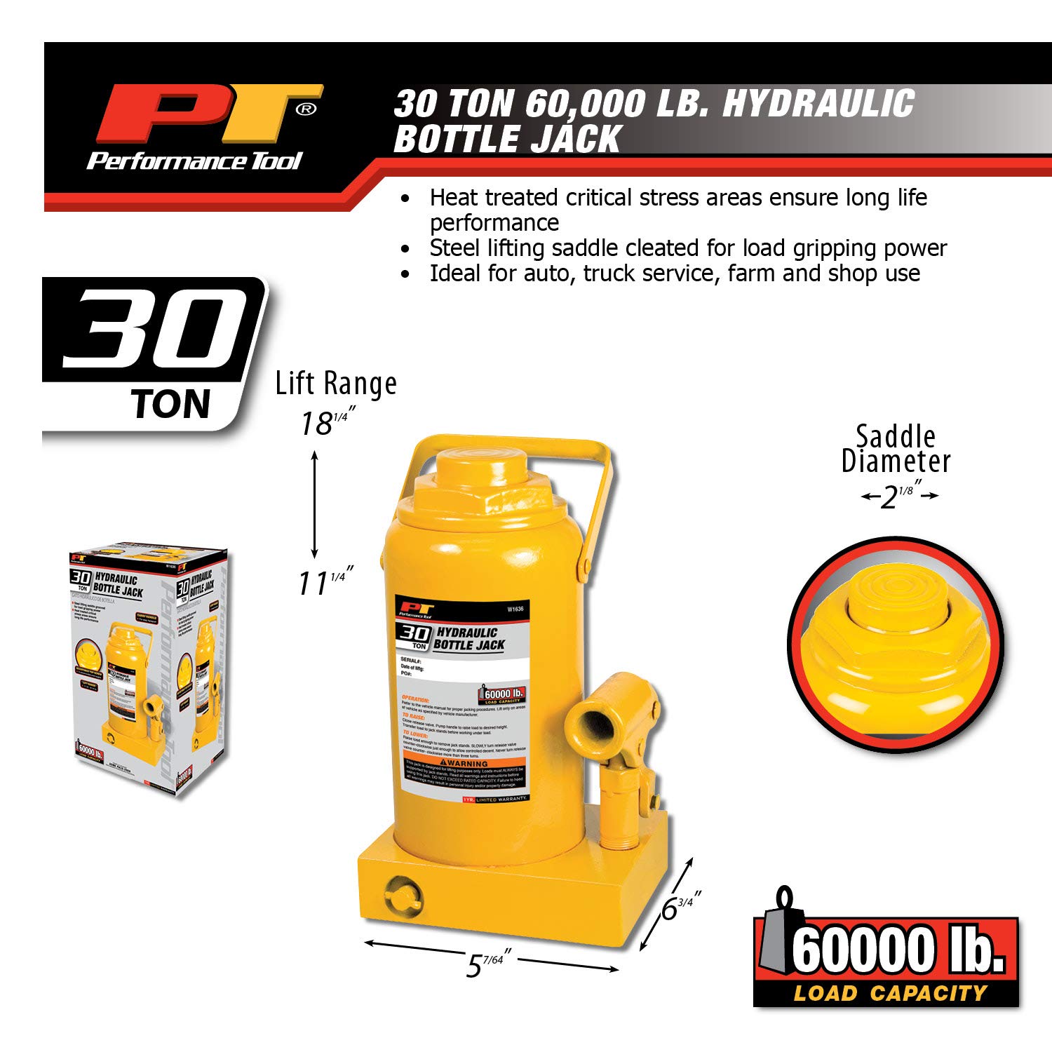 Performance Tool W1636 30 Ton (60,000 lbs) Heavy Duty Hydraulic Bottle Jack - 11.25