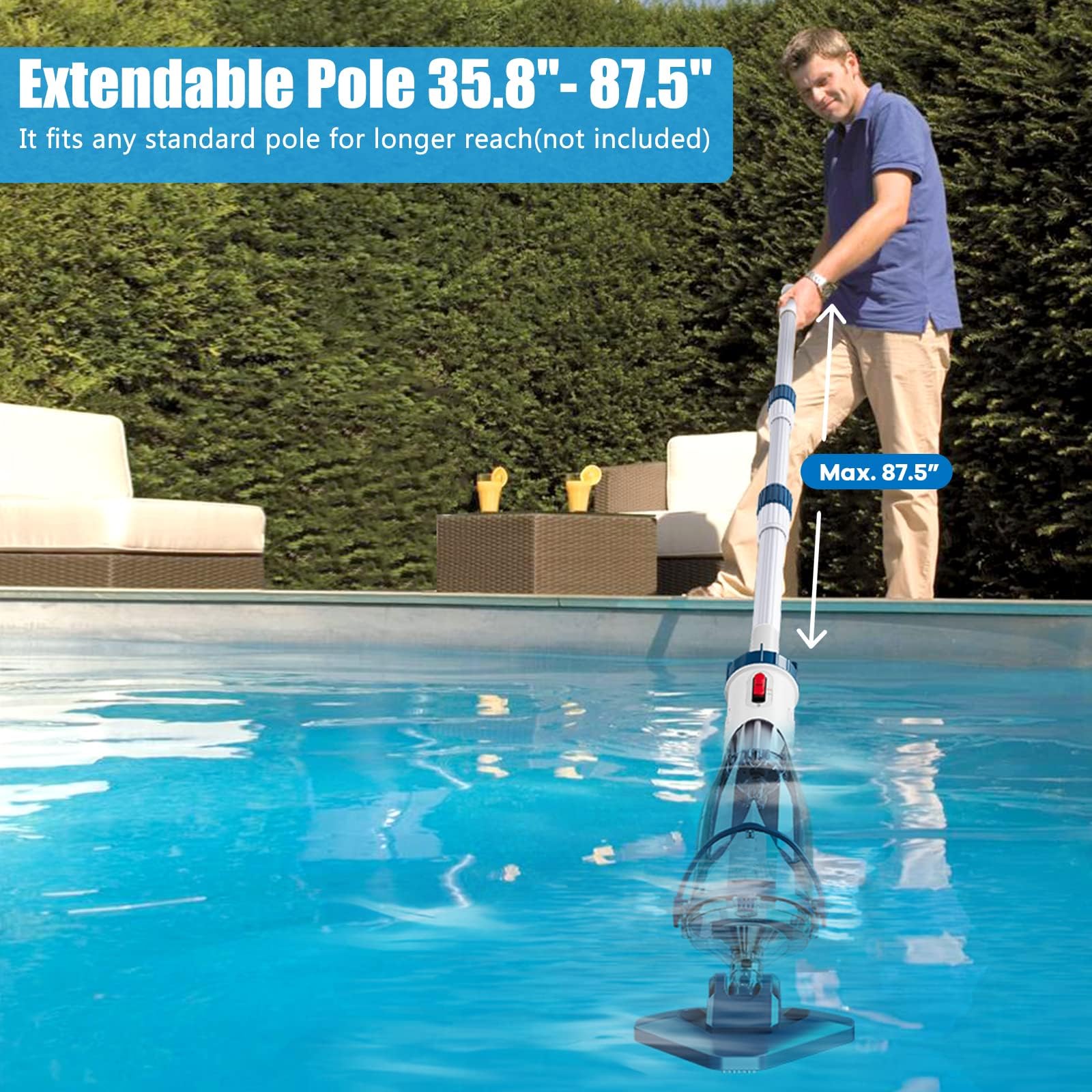 2024 Upgraded Rechargeable Pool Vacuum Cleaner for Above Ground Pools - Telescopic Pole, 1H Runtime, 18.5 GPM Powerful Suction - Ideal for Quick Cleaning of Leaves, Debris & Fine Sand in Backyard Swimming Pools (Model T403)