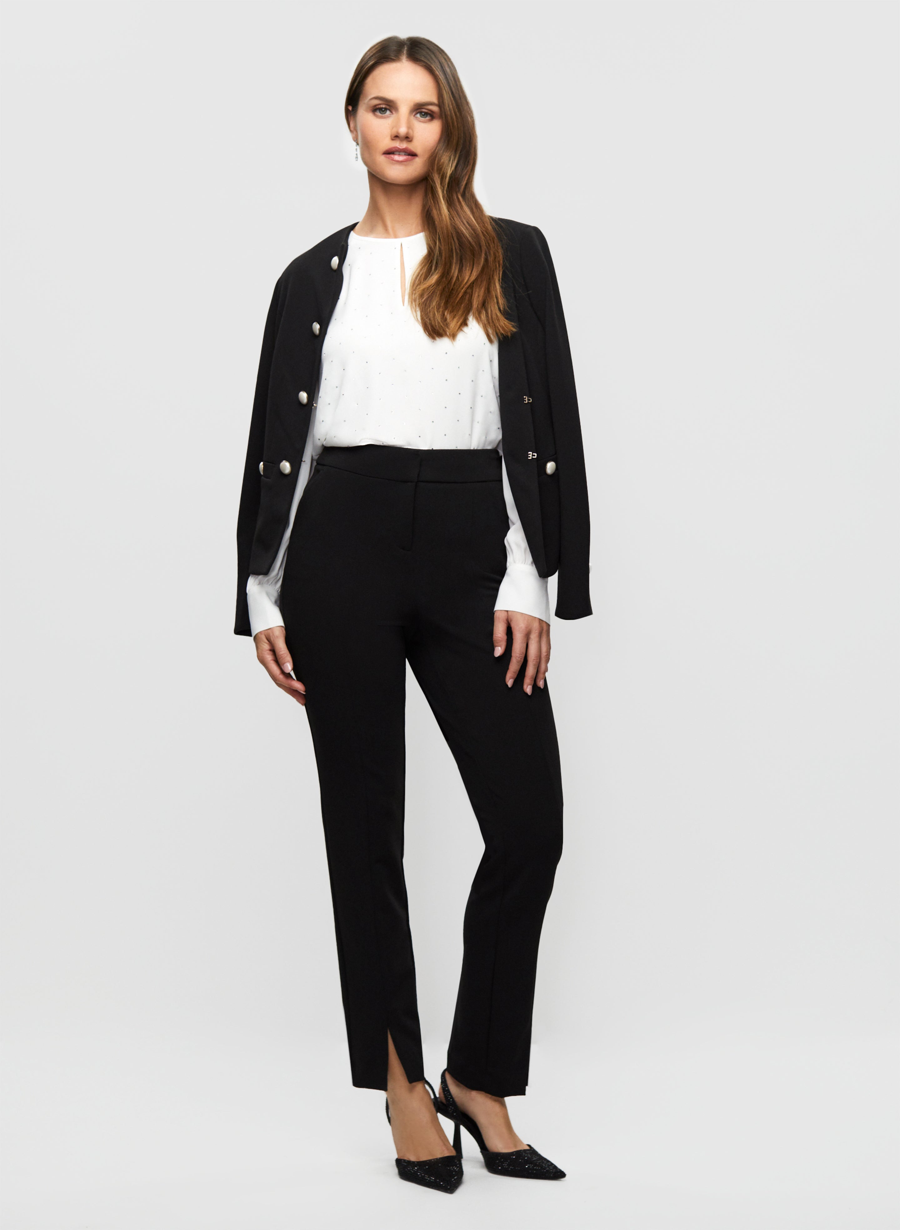 Women's Stylish Button Front Jacket & High-Waisted Slit Hem Pants Set - Casual Office Wear & Fall Outfit for Work & Date Night