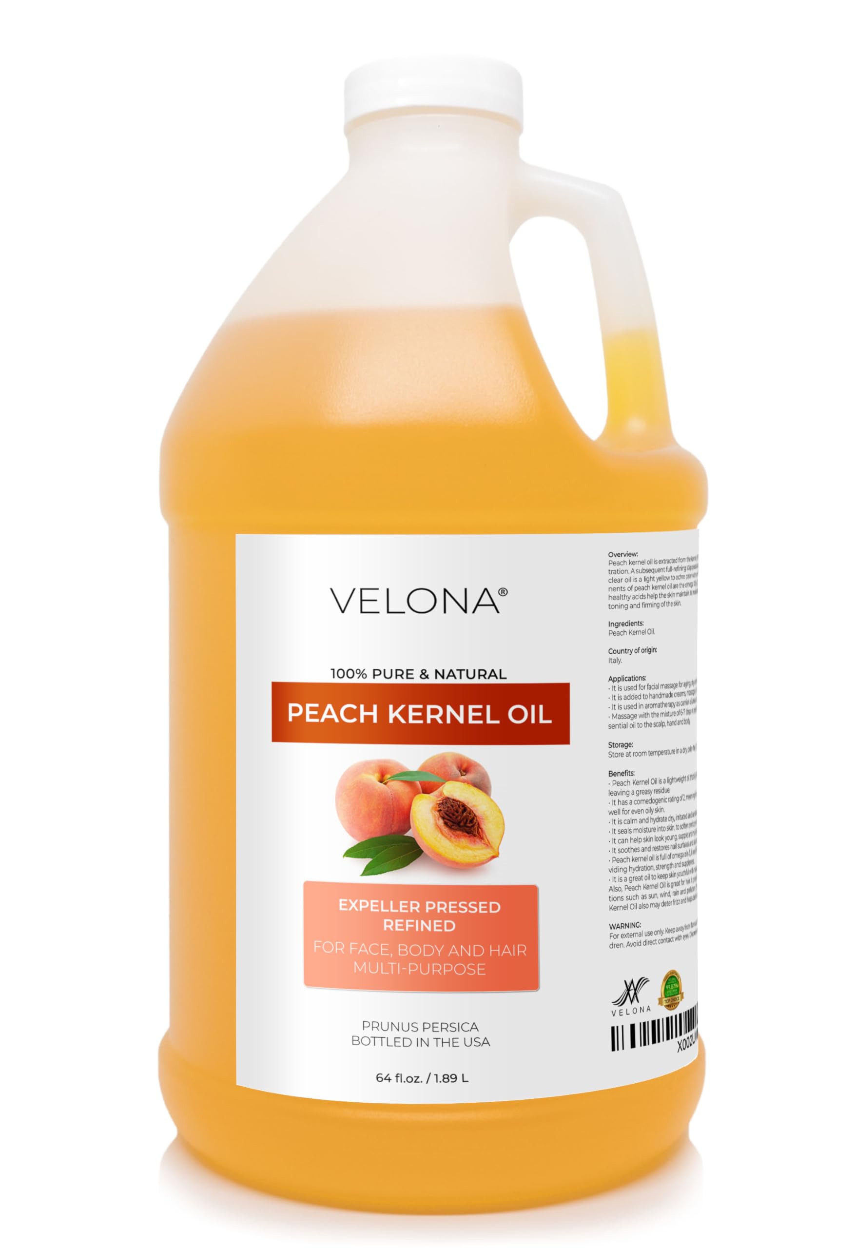 Velona 100% Pure & Natural Peach Kernel Oil 64 Fl Oz - Refined Cold Pressed Carrier Oil for Cooking, Skin, Hair & Body Care | Face Moisturizer & Massage Oil | Perfect for DIY Beauty Recipes & Aromatherapy