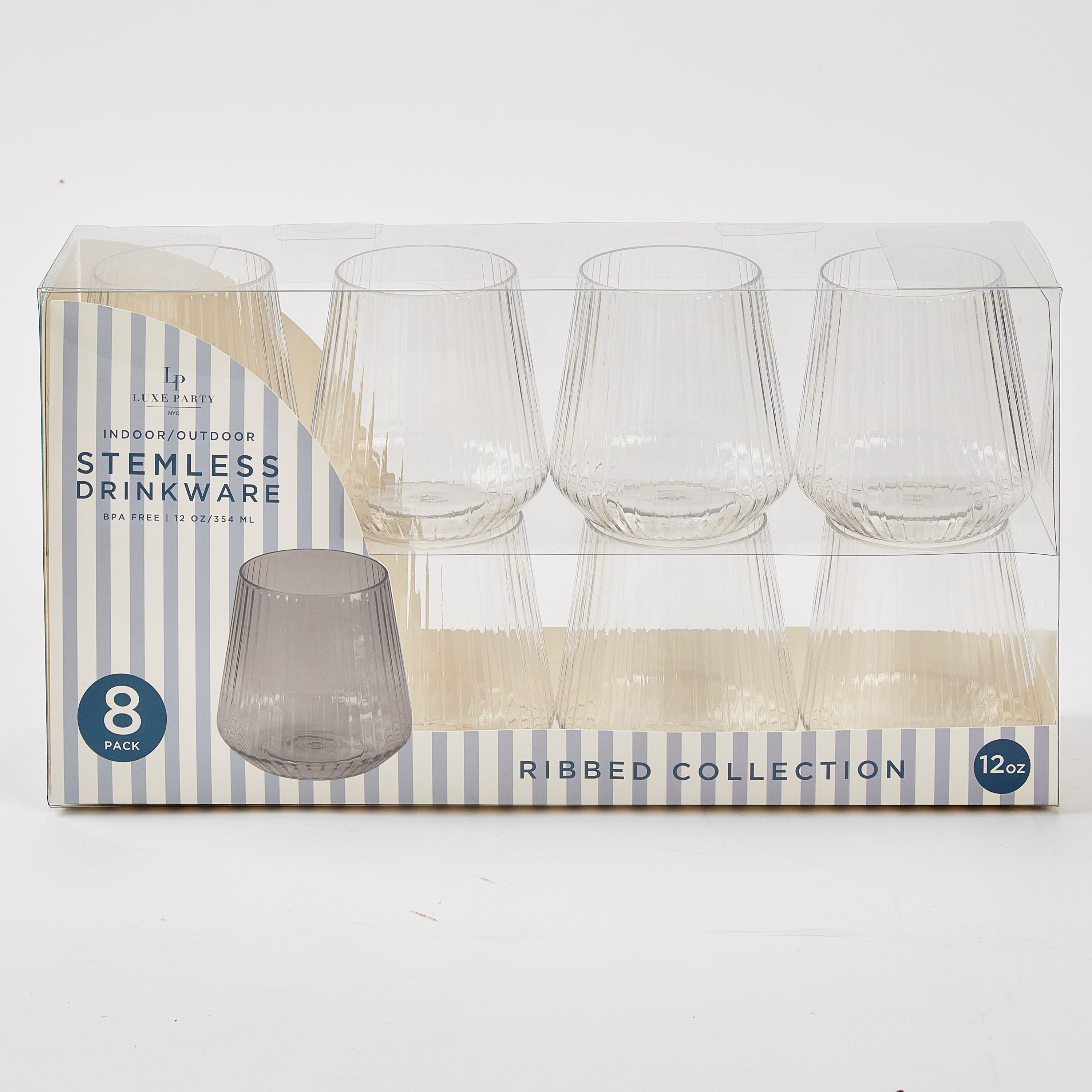 12 oz. Clear Plastic Stemless Ribbed Wine Goblets - 8 Pack Set for Parties, Weddings, and Outdoor Events - Shatterproof & Reusable Drinking Cups