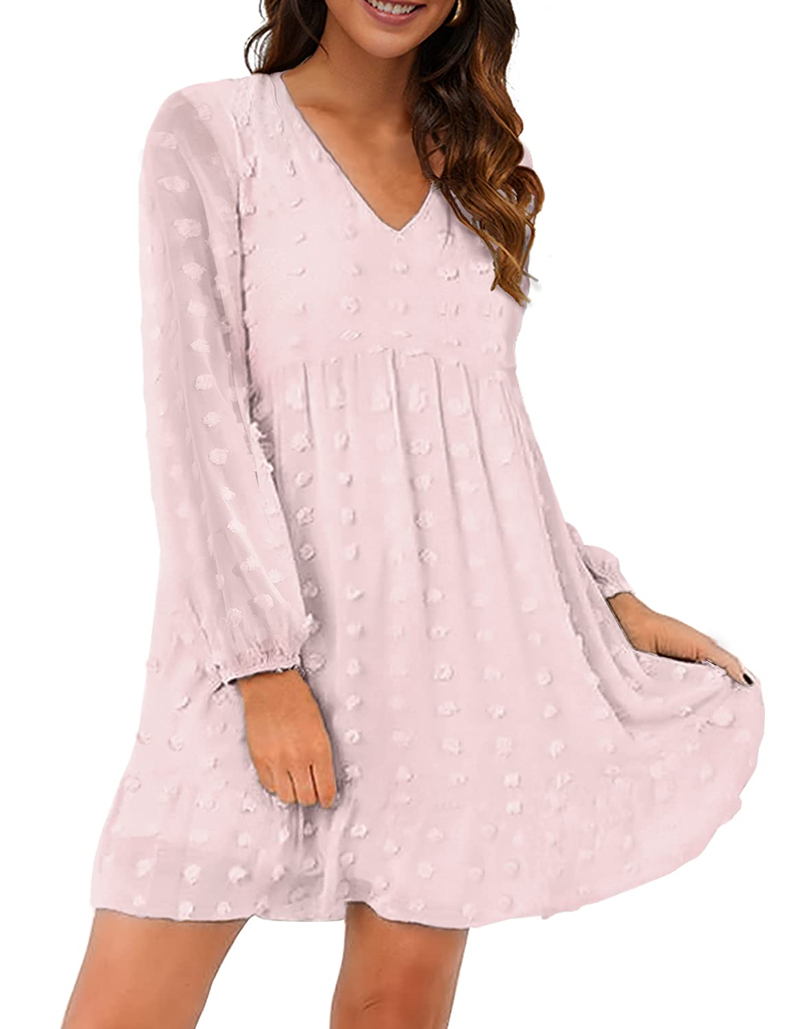 Blooming Jelly Women's White Flowy Babydoll Dress - Chiffon Long Sleeve V-Neck Mini Tunic Dress for Casual Wear, Date Night & Spring Outfits