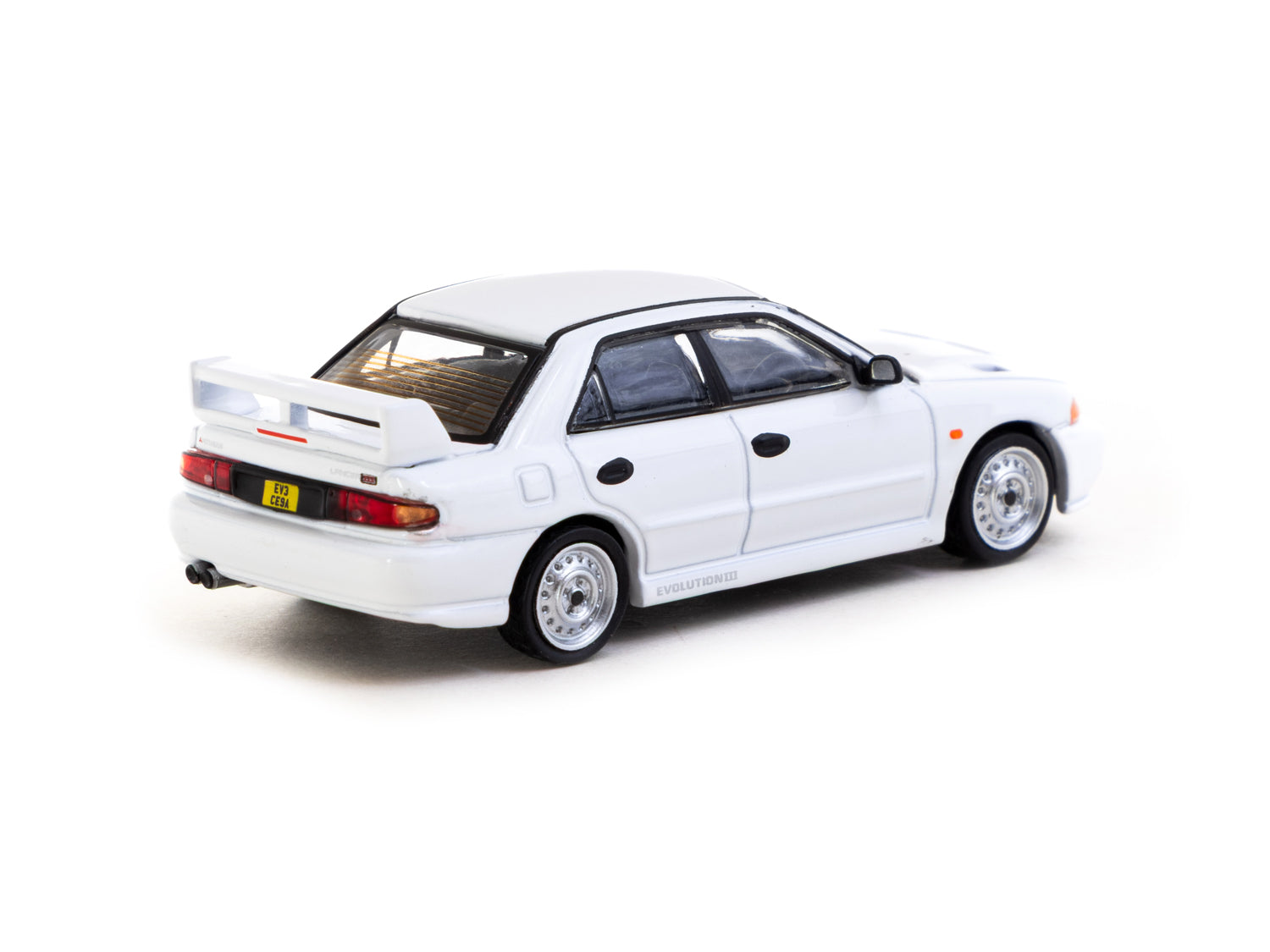 Tarmac Works 1/64 Scale Mitsubishi Lancer Evolution III RS White - Lamley Special Edition Diecast Model Car - Collectible for Car Enthusiasts & Perfect for Display or Racing Scenes