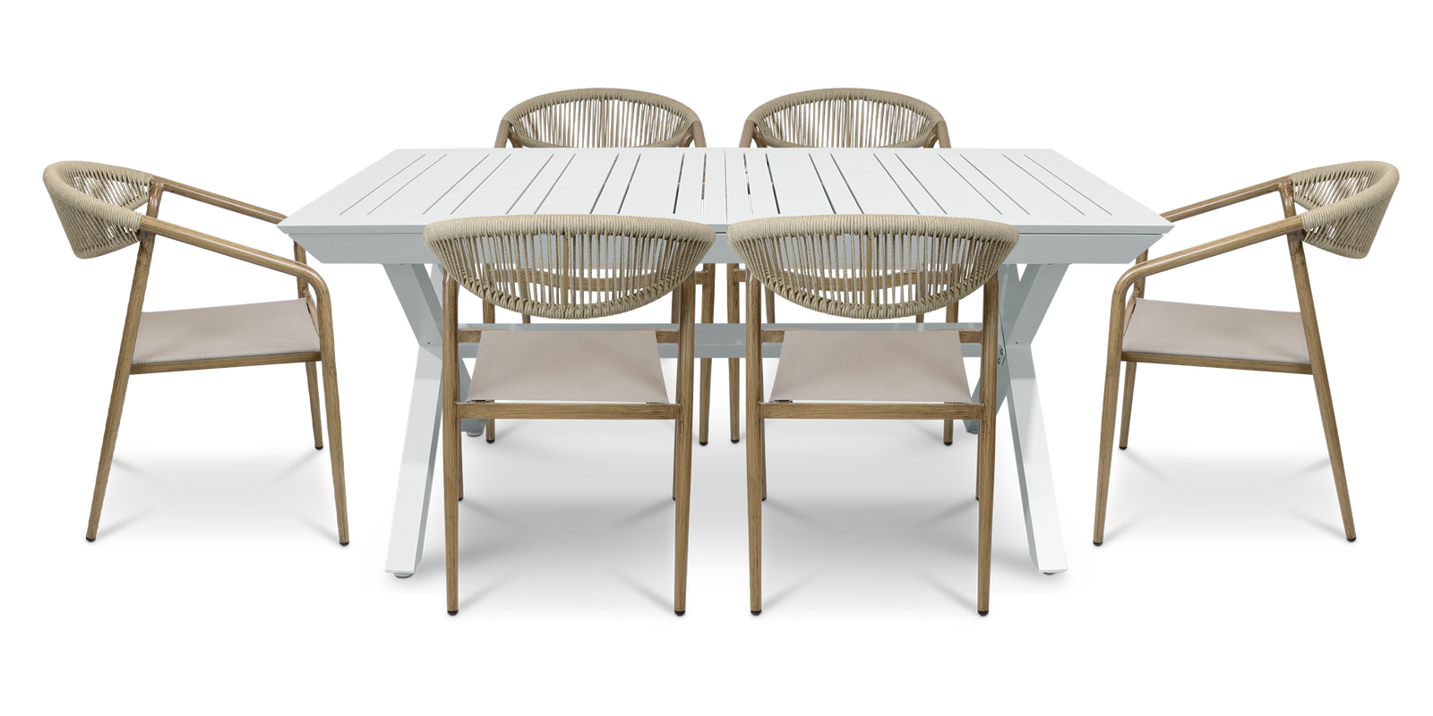 White Caribbean Outdoor Extension Table with Rope Chairs - Perfect for Patio, Garden, and Backyard Dining | Weather-Resistant & Space-Saving Design