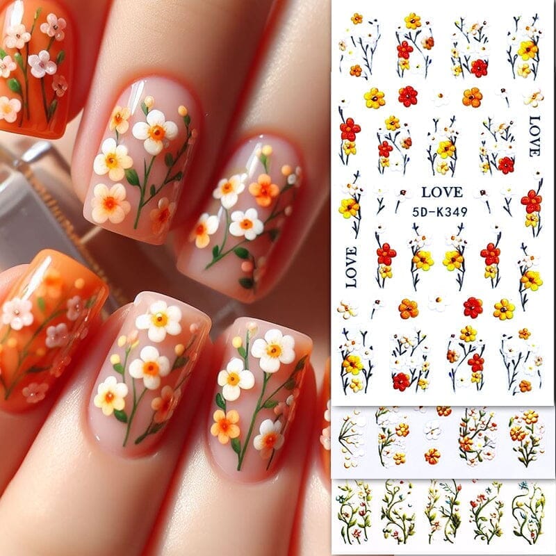 5D White Green Flowers Plants Nail Stickers K351 - DIY Nail Art Decals for Home, Salon & Party Use