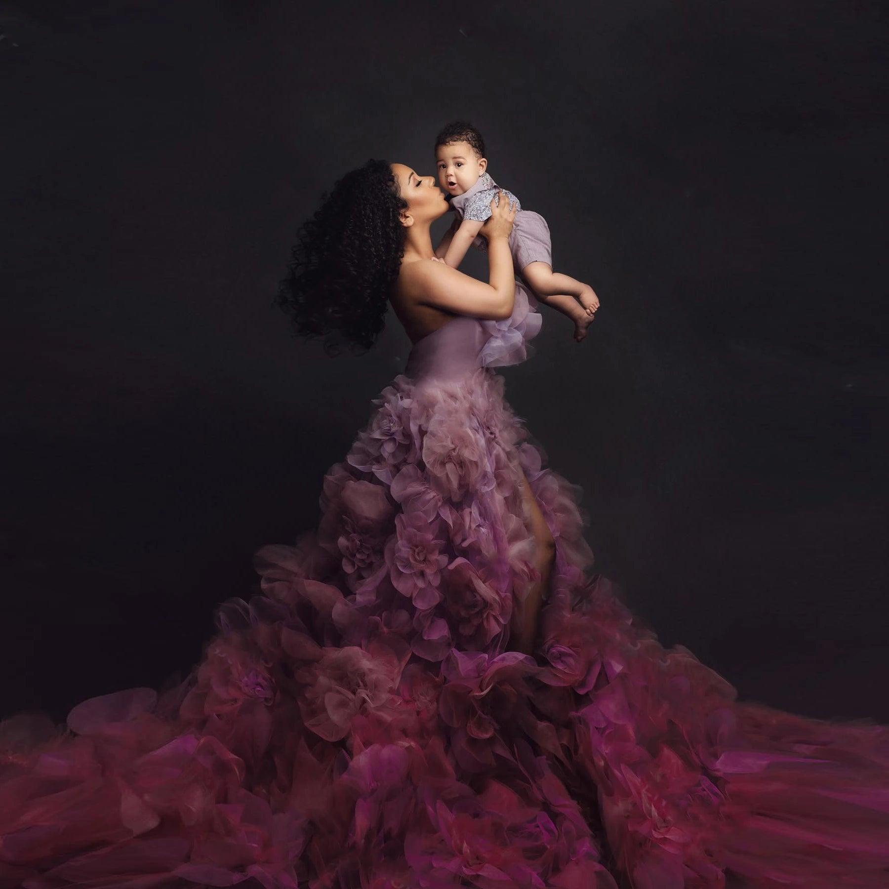 Elegant Ruffled Maternity Gown with High Side Slit - Perfect for Maternity Photoshoots, Baby Showers & Pregnancy Announcements