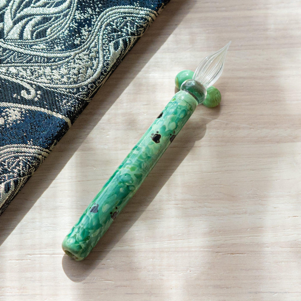 Chidori Emerald Green Glass Dip Pen with Wooden Pen Rest - Perfect for Calligraphy, Letter Writing & Art Projects
