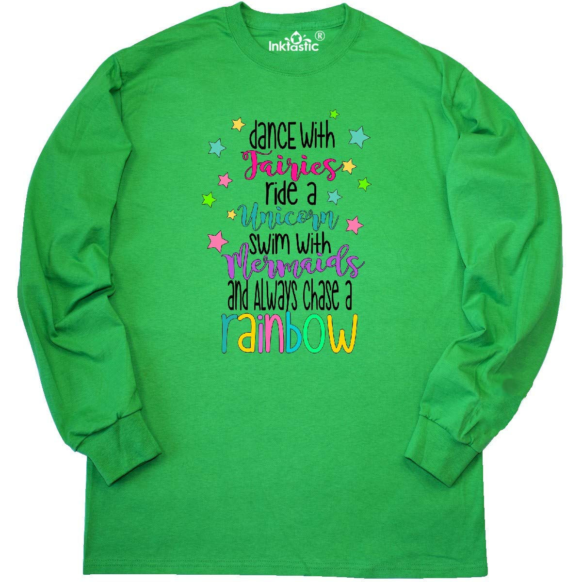 Inktastic Women's Dance with Fairies, Ride a Unicorn, Swim with Mermaids Graphic Long Sleeve T-Shirt | Fantasy Themed Casual Top for Women & Teens | Perfect for Costume Parties, Halloween & Everyday Wear