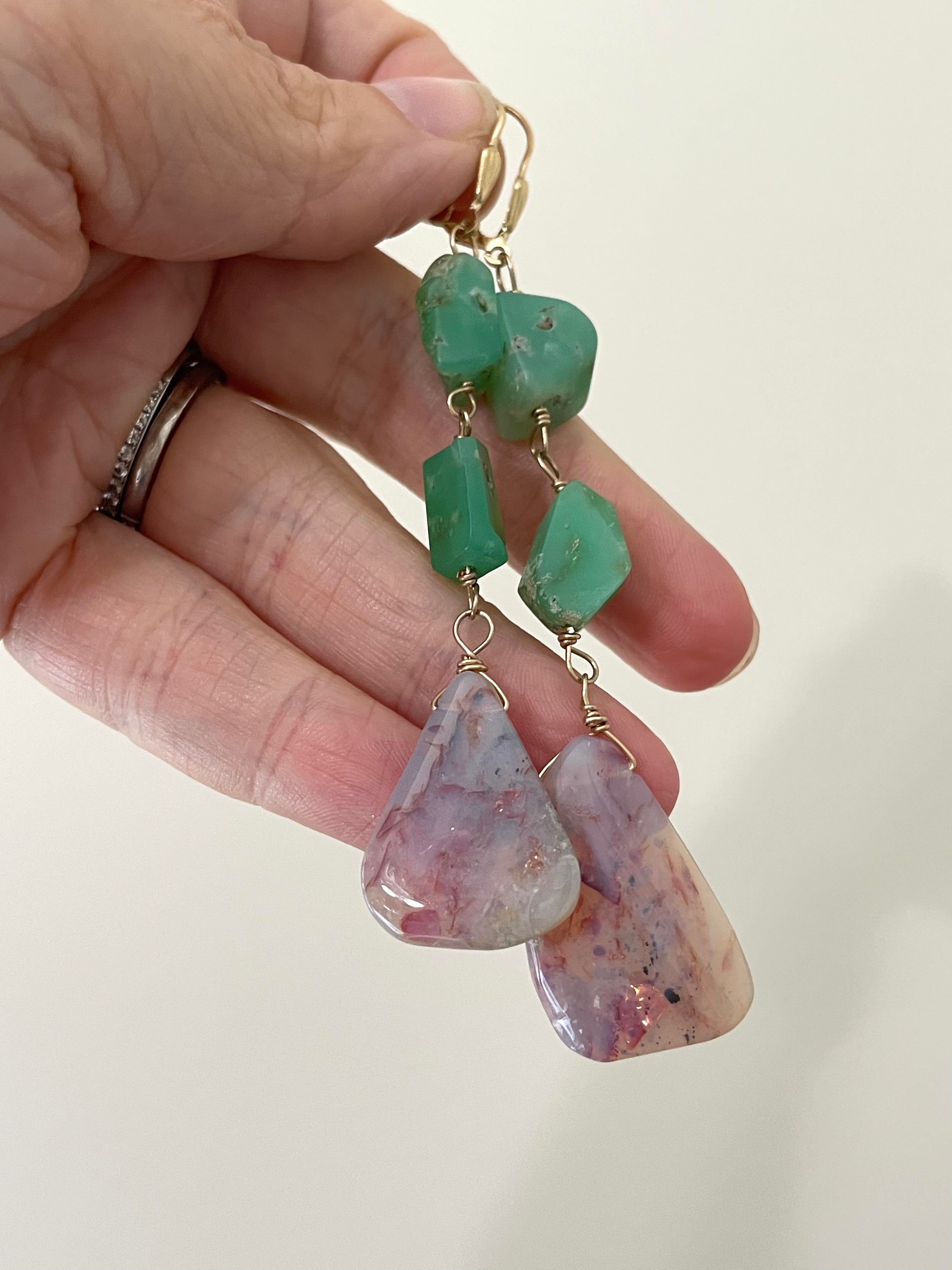 Large Opal Dangle Earrings with Chrysoprase - 14K Gold Filled Statement Jewelry for Women | Perfect for Weddings, Parties & Special Occasions