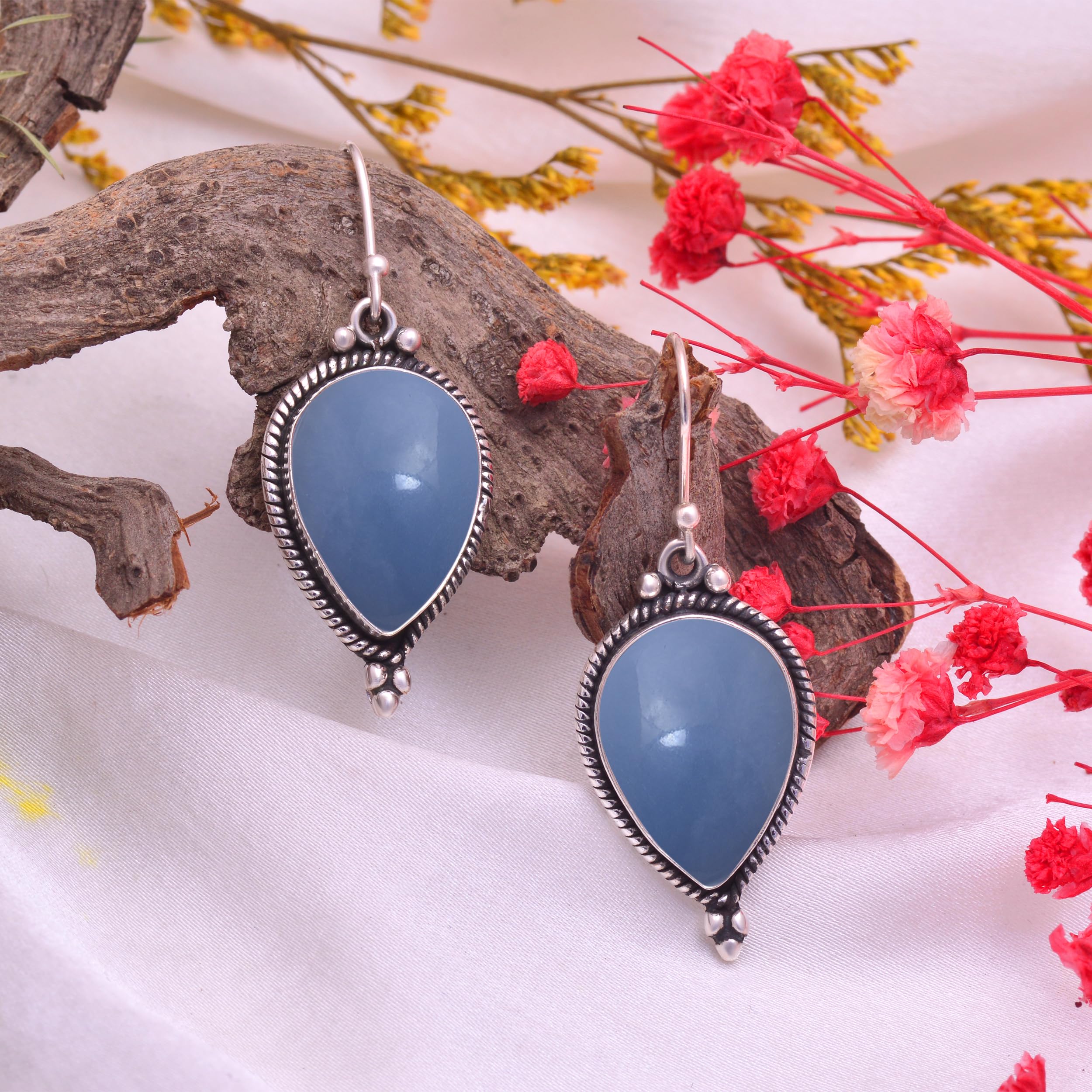Veracity Jewelry Angelite Earrings for Women - 925 Sterling Silver Dangle Earrings with Blue Angelite Gemstone for Inner Peace & Healing - Handmade Spiritual Jewelry Gift for Meditation, Yoga & Positive Energy