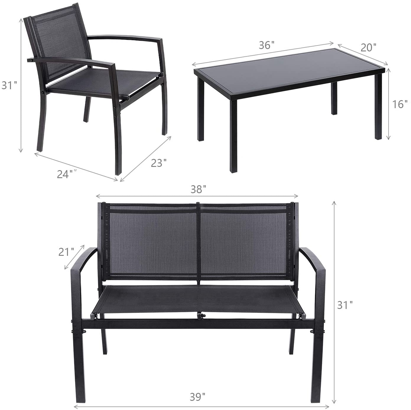 4-Piece Modern Black Outdoor Patio Furniture Set with Weather-Resistant Cushions - Durable Steel Frame for Garden, Deck & Balcony Seating - Perfect for Backyard Relaxation & Outdoor Entertaining | SKU: S3068