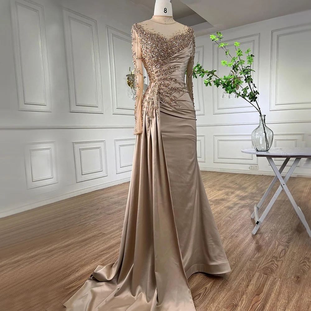 Elegant Rose Gold Long Sleeve High Neck Mermaid Evening Dress with Skirt - Women's Luxury Party Gown for Formal Events, Prom, Wedding Guest & Special Occasions 2025 LA71804