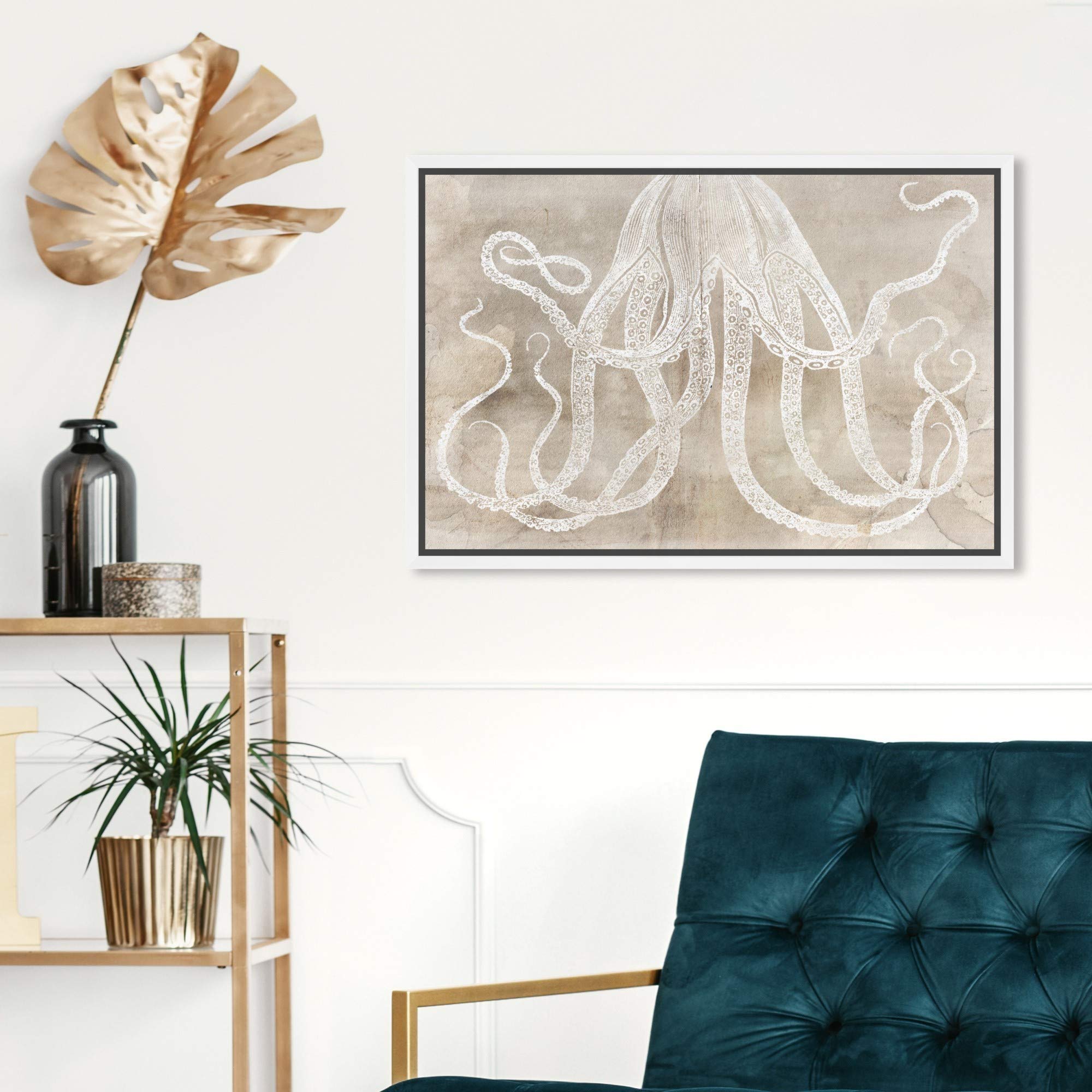 Oliver Gal Artist Co. Octopus Paper Framed Wall Art - 15x10 Inch Nautical Coastal Canvas Print - Brown & White Marine Life Home Decor for Living Room, Bedroom & Office
