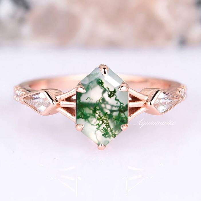 Celtic Hexagon Green Moss Agate Ring - 14K Rose Gold Vermeil Jewelry for Women | Nature-Inspired Wedding, Engagement & Everyday Fashion Accessory