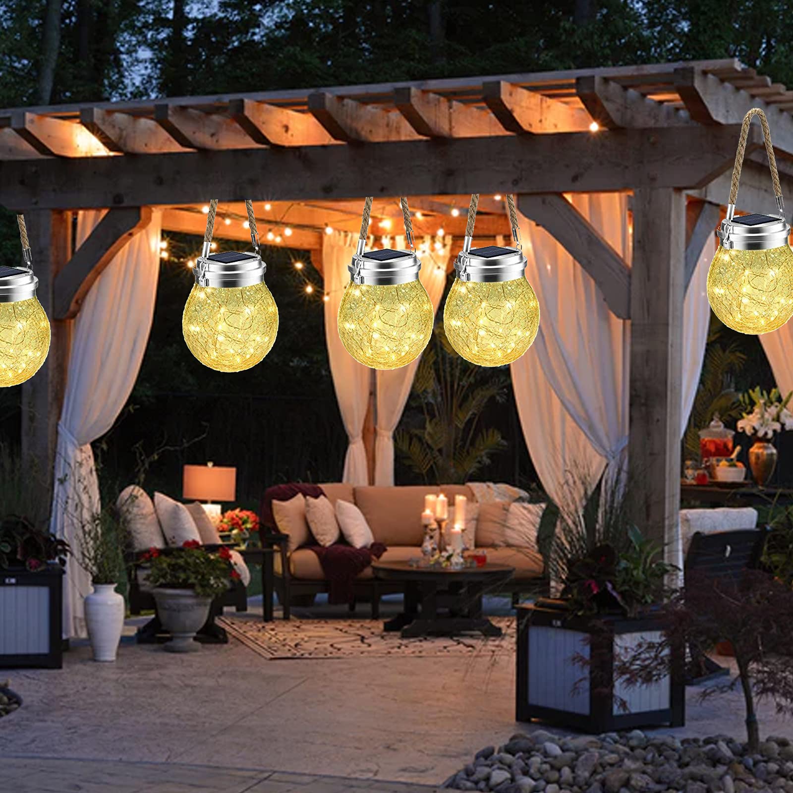 2 Pack 30 LED Solar Cracked Globe Lights - IP65 Waterproof Hanging Outdoor Lanterns for Garden, Fence, Patio - Warm White Decorative Lighting for Wedding, Halloween & Christmas Parties
