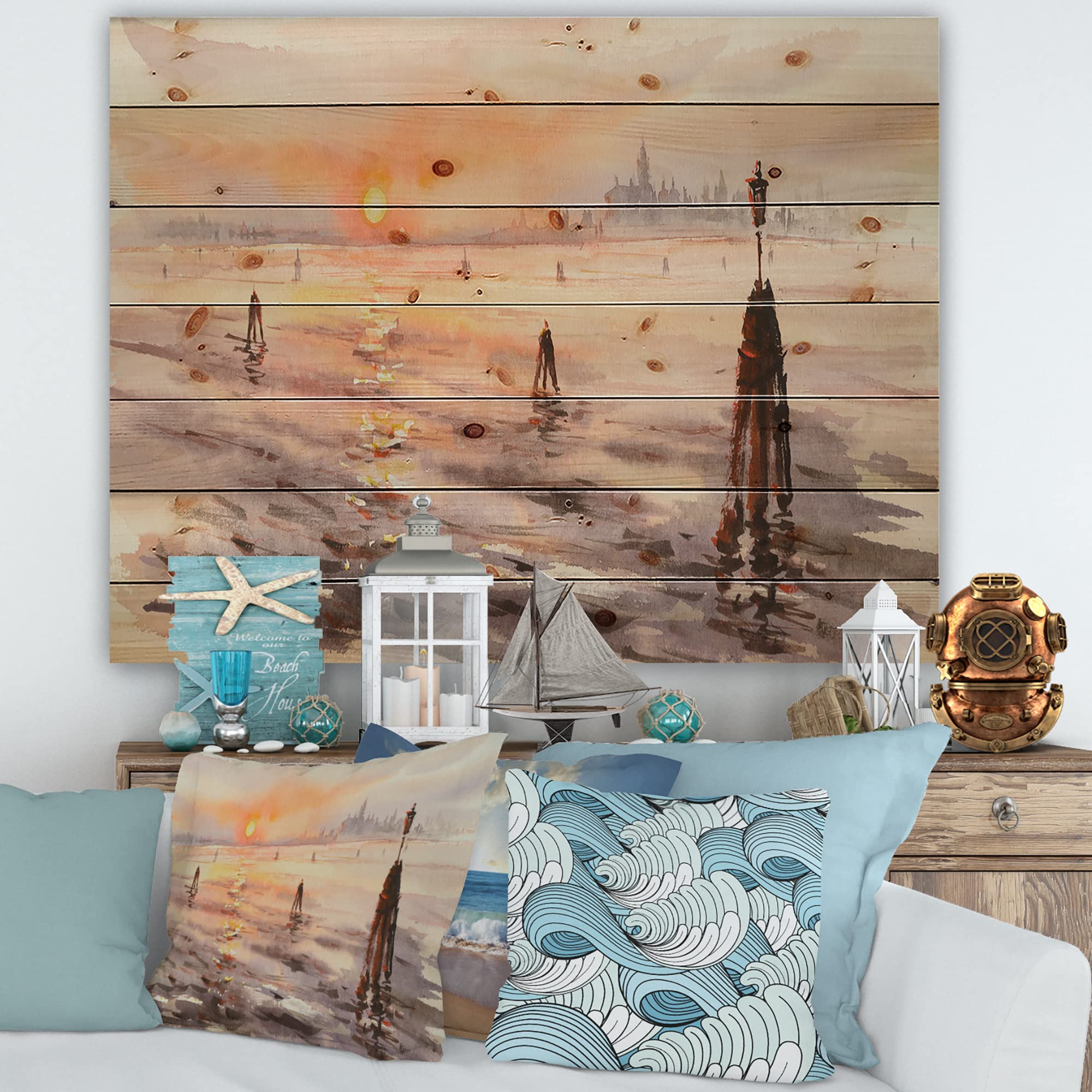 Venice Sunset Panorama Wood Wall Art - Coastal & Nautical Decor, Large Orange Landscape Print on Natural Pine Wood Panel | Perfect for Beach House, Living Room & Office Wall Decor