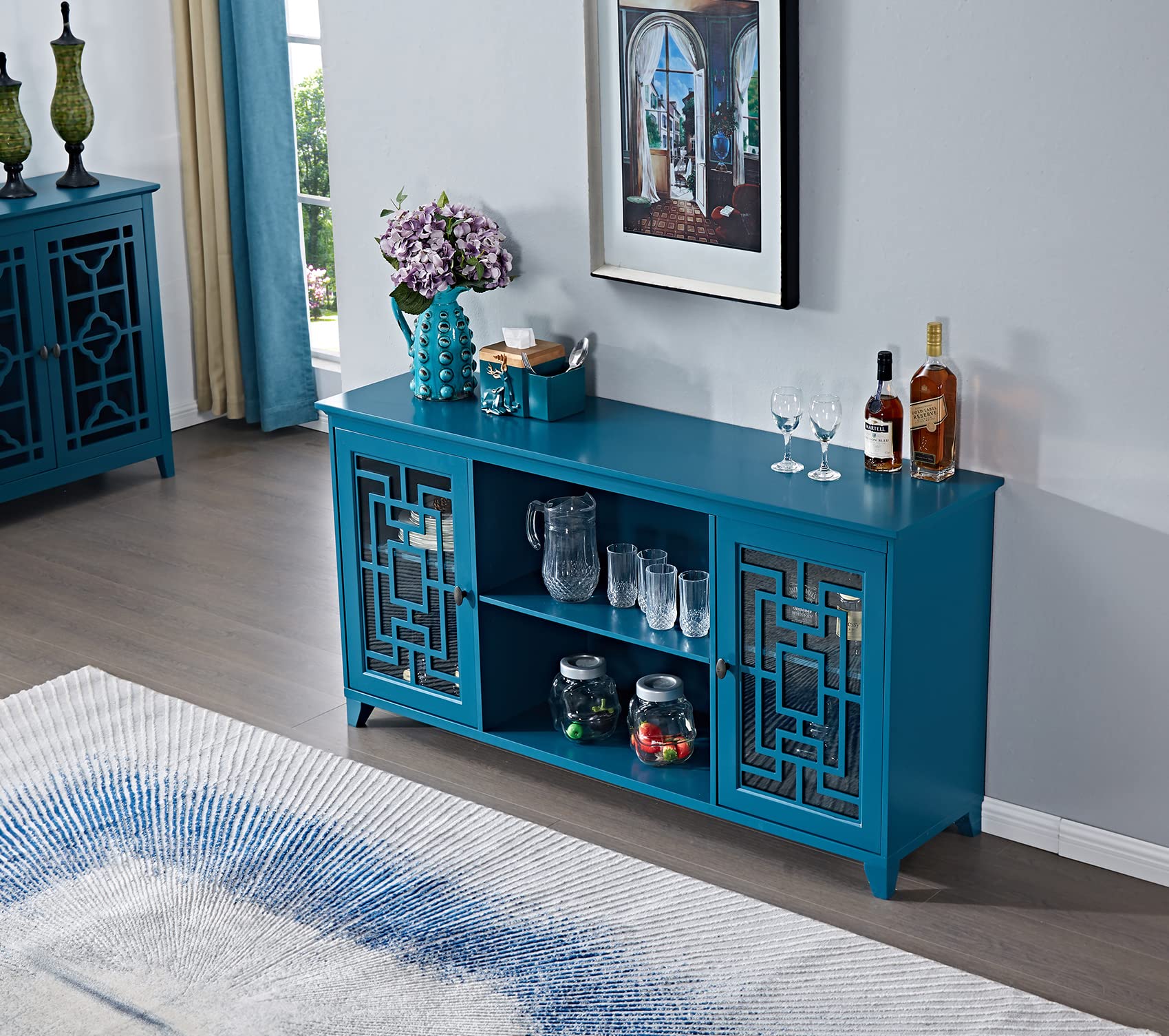 60 Inch Buffet Cabinet with Storage - Modern Sideboard with 2 Doors & Adjustable Shelf, Accent Storage Cabinet for Kitchen, Dining Room, Entryway or Living Room - Perfect for Holiday Entertaining & Daily Storage (Blue)