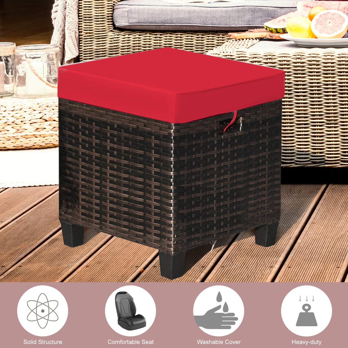 2PCS Rattan Wicker Ottoman Set with Removable Cushions - Patio Footstool & Footrest Seat for Outdoor, Garden, Backyard - Durable Wicker Furniture for Home Decor, Relaxation & Entertaining (Red)