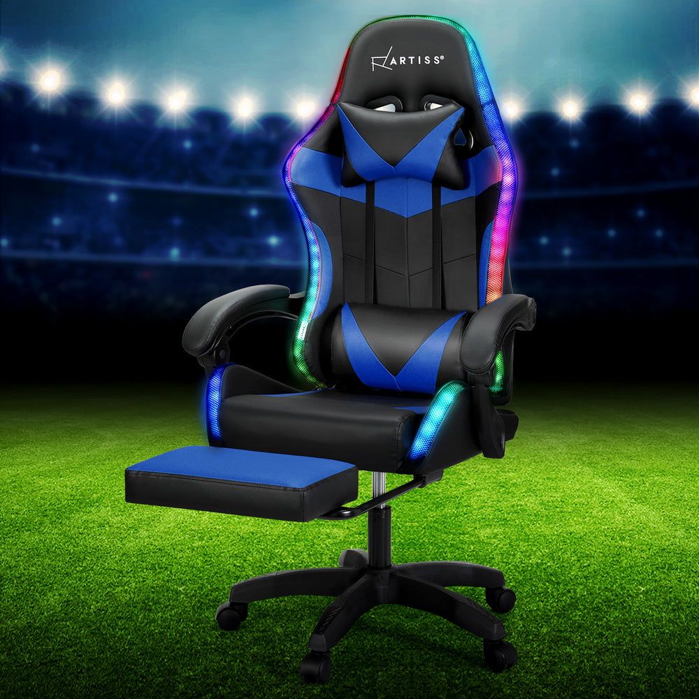 Artiss Ergonomic Gaming Chair with 6-Point Massage, Adjustable LED Footrest - Blue - Perfect for Office, Gaming & Home Relaxation