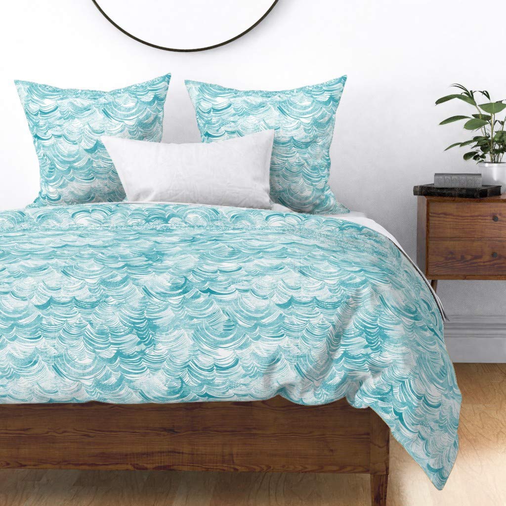 Premium Cotton Sateen Duvet Cover King/California King - Wild Ocean Aqua Nautical Waves Sea Abstract Beach Design | Breathable Soft Bedding Set for Summer | Perfect for Coastal, Nautical or Beach-Themed Bedrooms