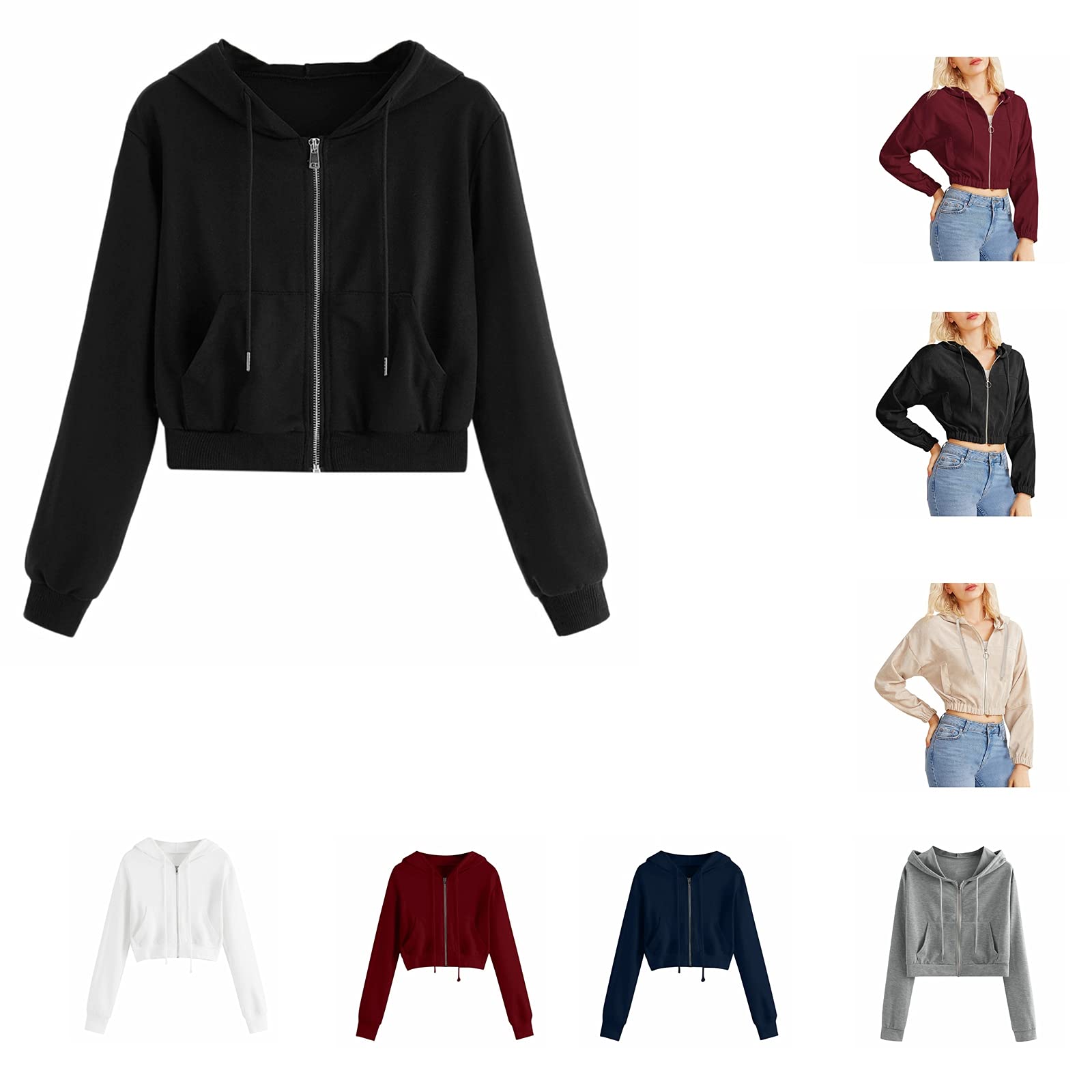 Women's Casual Long Sleeve Solid Color Crop Top Hoodie with Pockets - Trendy Pullover Hooded Sweatshirt for Streetwear, Gym, and Everyday Outfits