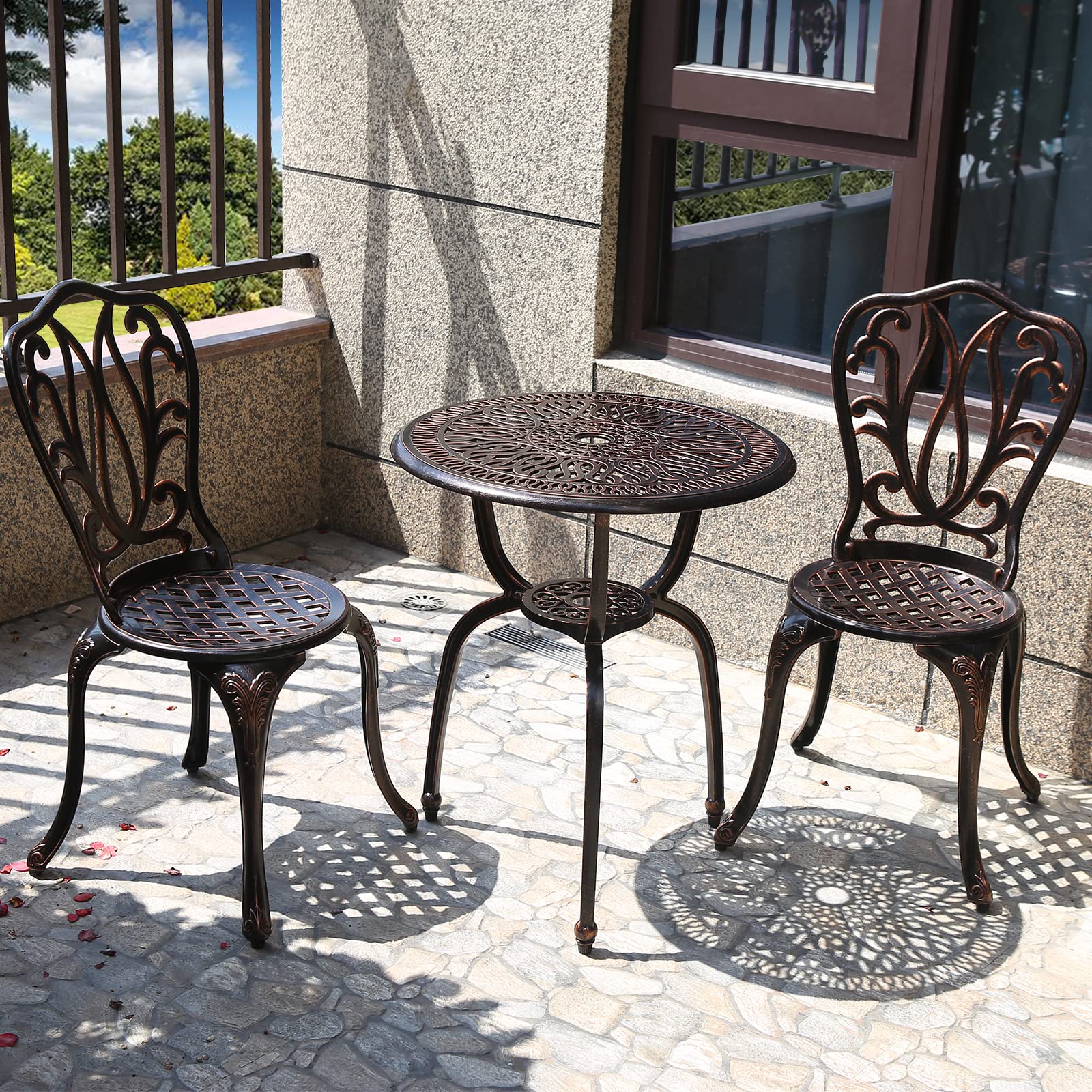 3-Piece Outdoor Bistro Set - Rust-Resistant Cast Aluminum Patio Table & Chairs for Garden, Porch, Park - Perfect for Relaxing & Entertaining (New Brown)