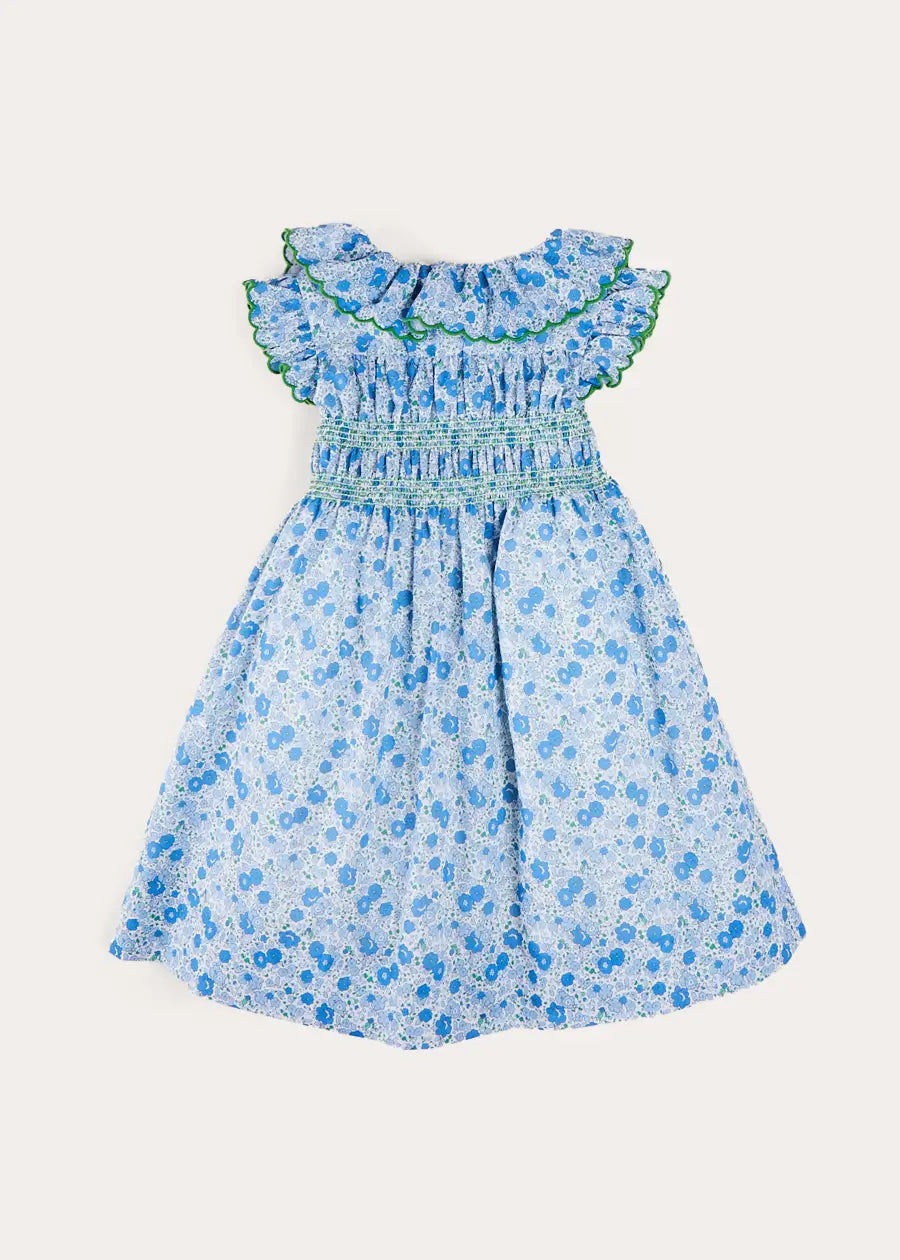Olivia Floral Smocked Ruffle Collar Sleeveless Dress for Girls - Blue Summer Dress for Baby to Kids (12 Months to 10 Years) | Perfect for Birthday Parties, Family Photos & Special Occasions