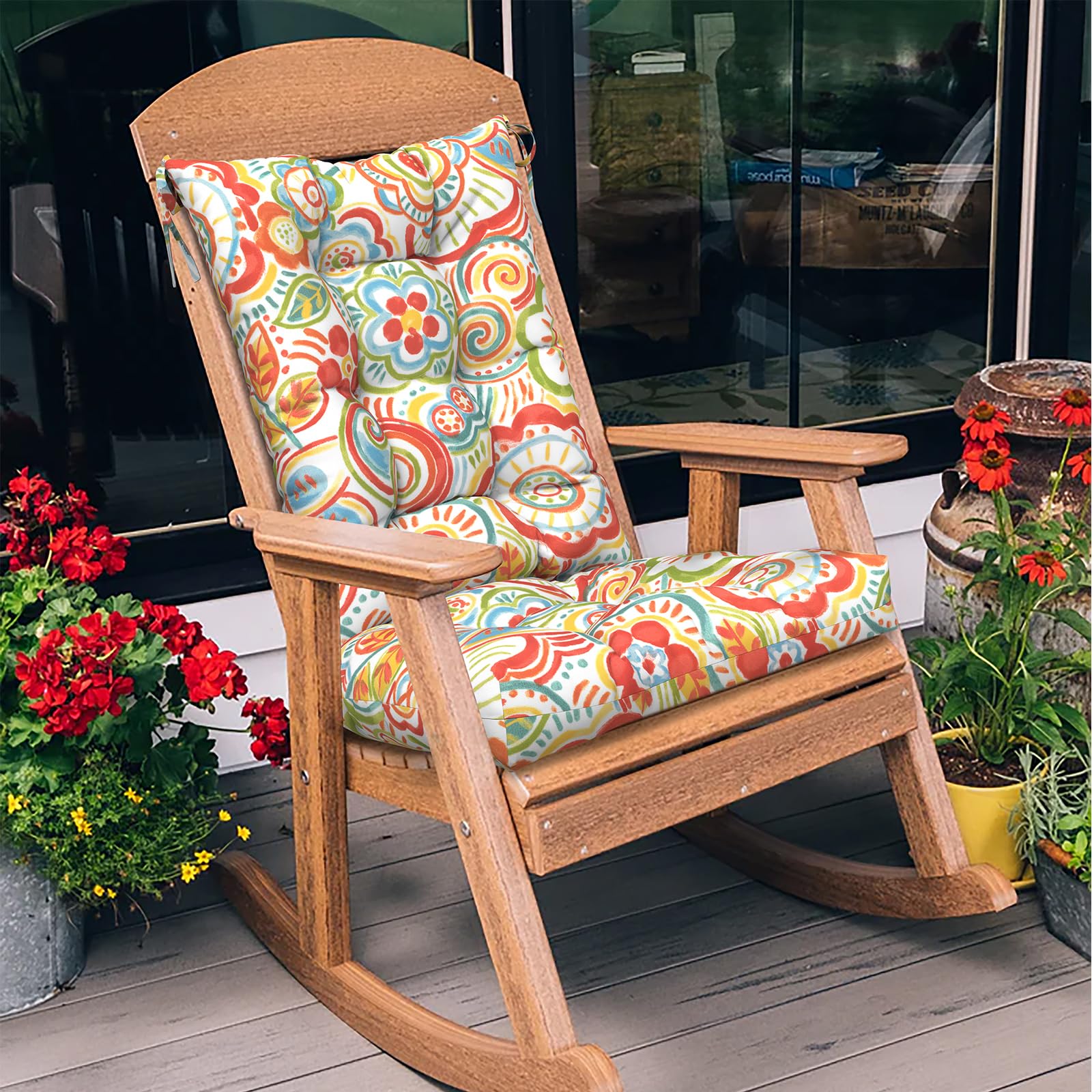 **LVTXIII Outdoor Rocking Chair Cushion Set of 2 - Fade & Water Resistant Tufted Seat Cushions with Ties - 38x17x3 Inches, Flower Red - Perfect for Patio, Garden & Porch Relaxation**