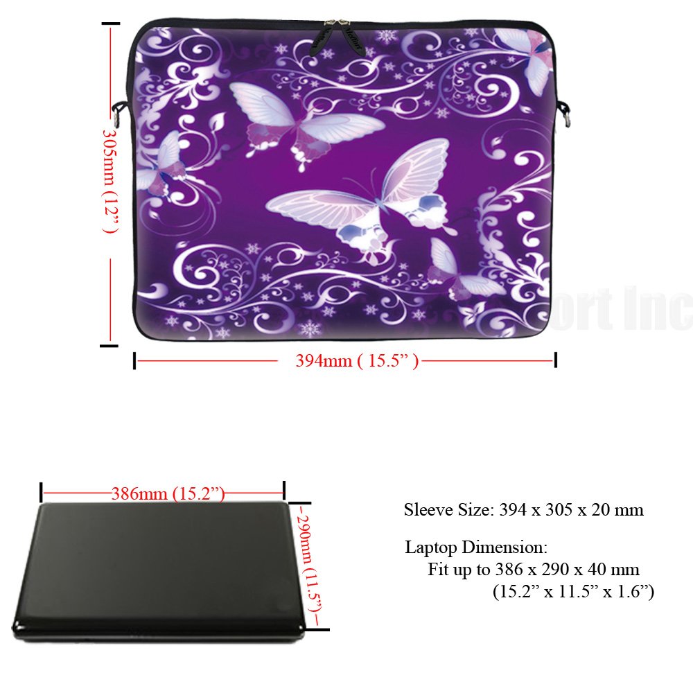Meffort 15.6 Inch Neoprene Laptop Sleeve Case with Hidden Handle & Adjustable Shoulder Strap - Purple Butterfly Design for MacBook, Dell, HP - Perfect for Travel, School & Office Use