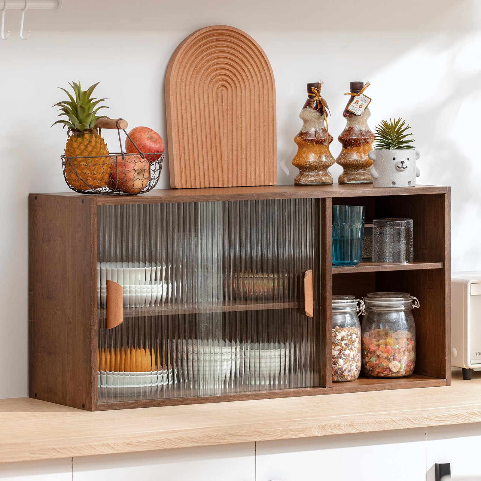 HollyHOME Bamboo Wall Mounted Kitchen Sideboard - 2 Sliding Glass Doors, Freestanding Storage Cabinet with Side Shelf for Bottles, Dishes & Bowls - Walnut Console Dining Cupboard for Small Spaces, Apartments & Modern Kitchens