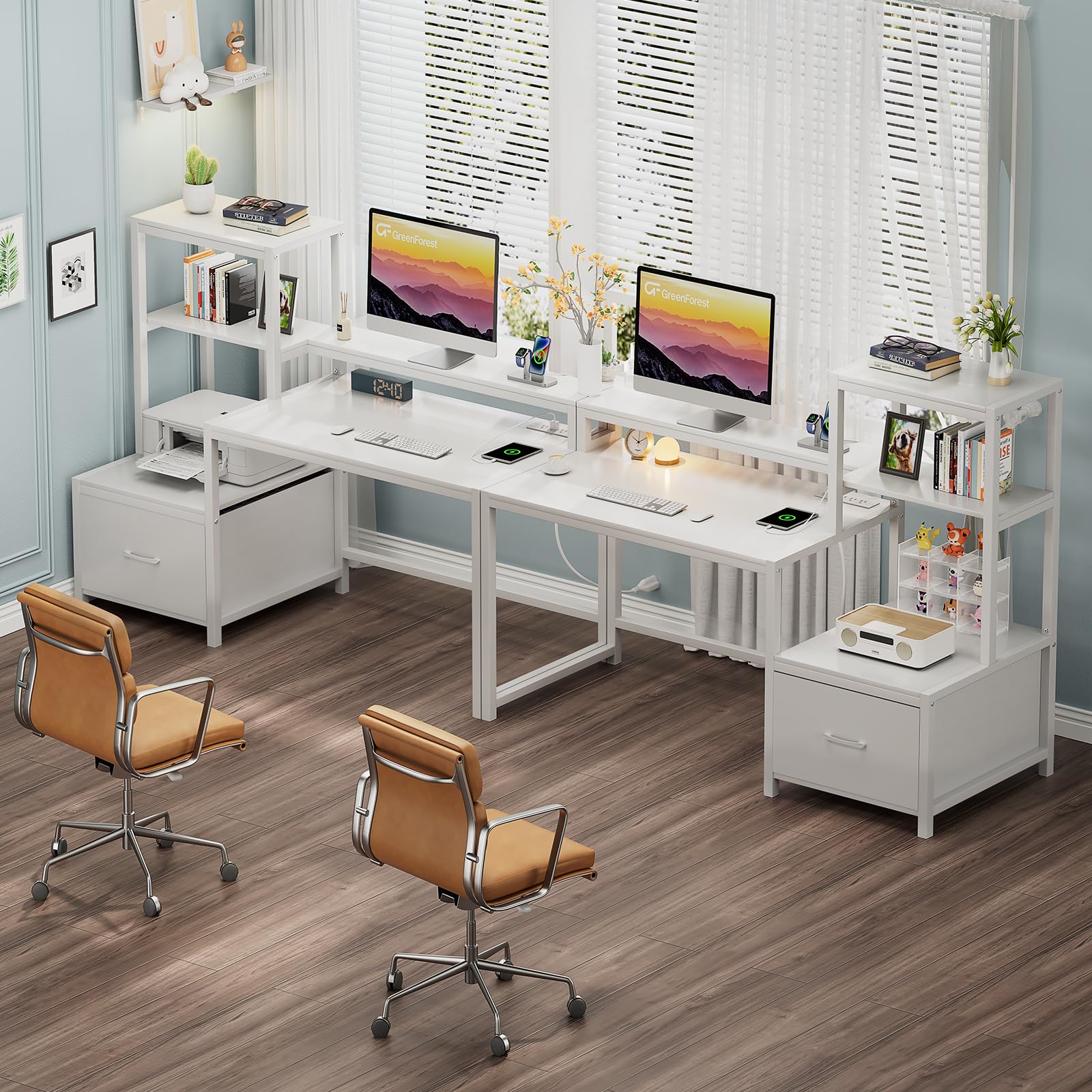 GreenForest 51-inch Computer Desk with Drawers, Monitor Stand & Storage Shelves - Home Office Desk with Power Outlets & LED Lights - Perfect for Gaming, Study, Writing & Remote Work - White