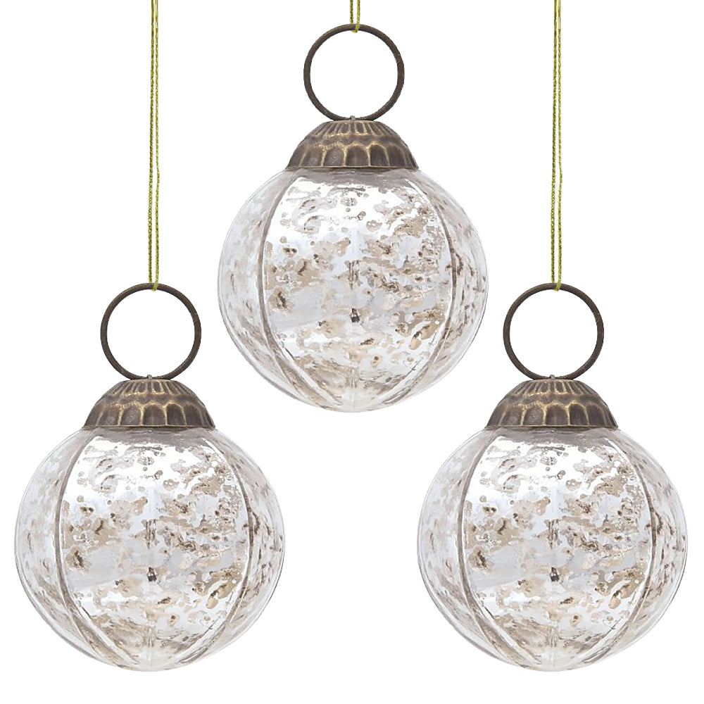 3 Pack Silver Penina Mercury Glass Round Faceted Christmas Ornaments - Elegant Holiday Decor for Tree, Mantel & Home Decorating