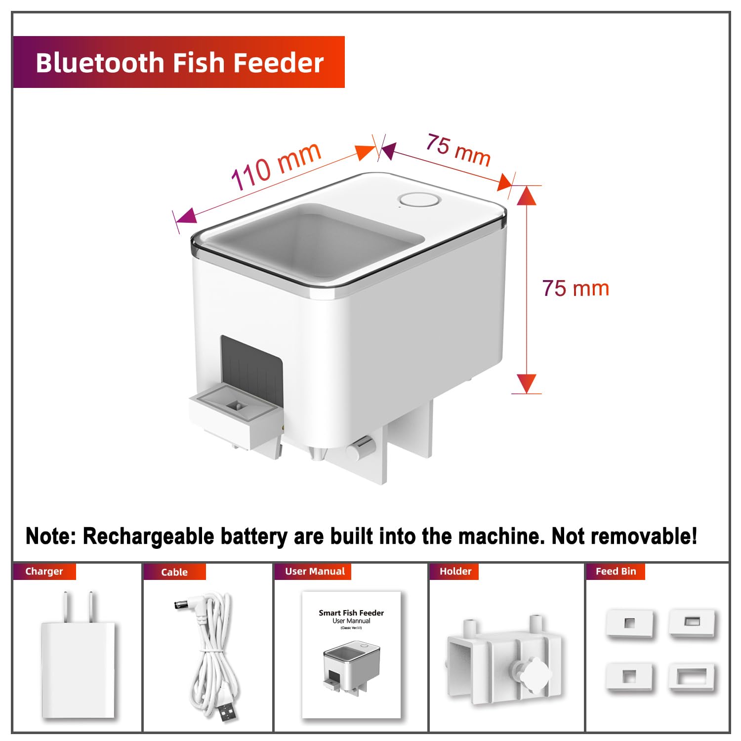 Automatic Bluetooth Fish Feeder for Aquarium - Smart App Controlled Fish Food Dispenser with USB & Rechargeable Battery - Perfect for Small Fish Tanks & Pellet Food (White) | Ideal for Vacation Feeding & Daily Aquarium Maintenance