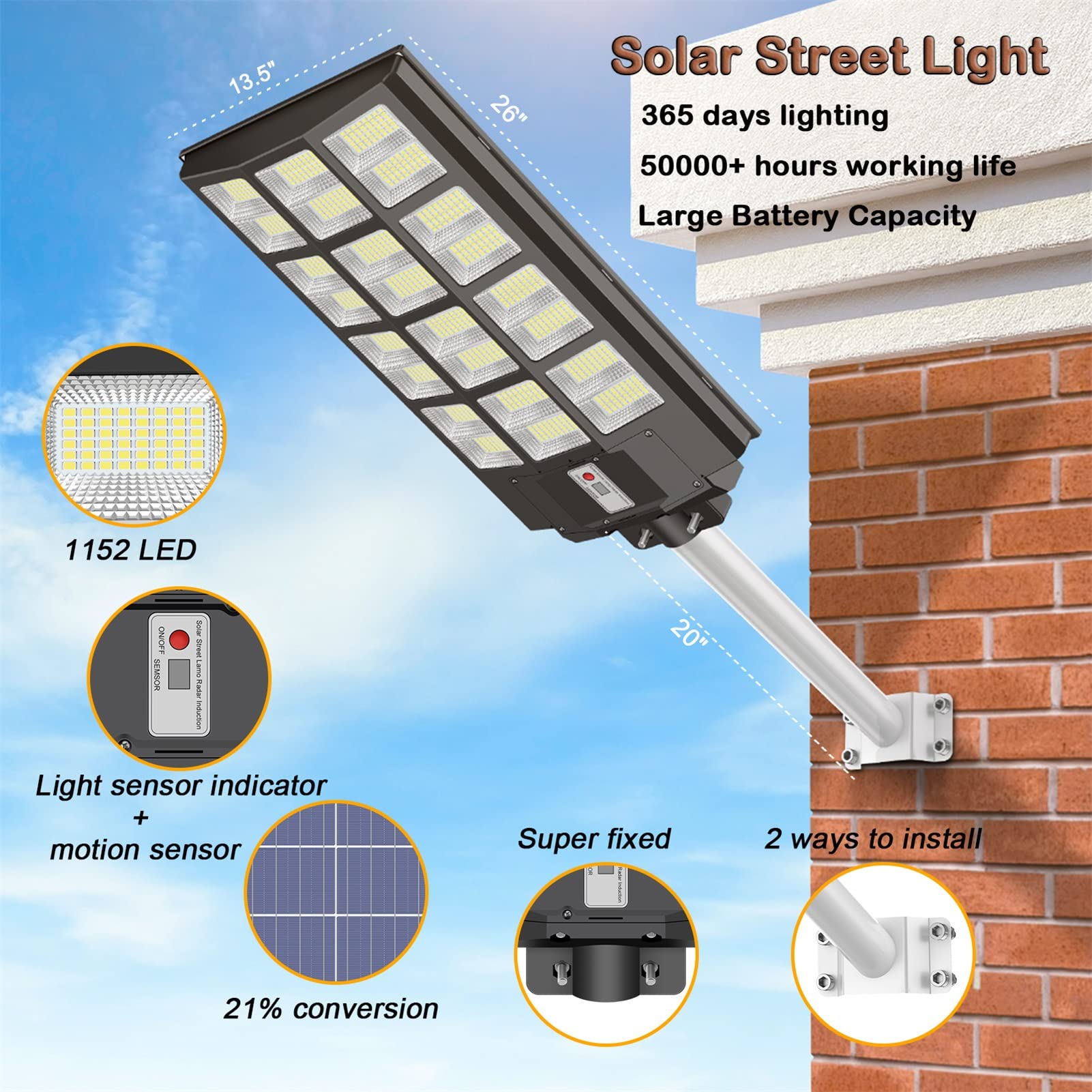 5000W LED Solar Street Light with Motion Sensor - 500000LM Super Bright IP66 Waterproof Security Flood Light - Dusk to Dawn Outdoor Solar Lights for Garden, Yard, Parking Lot (2PCS) - Ideal for Home Security, Pathway & Driveway Lighting