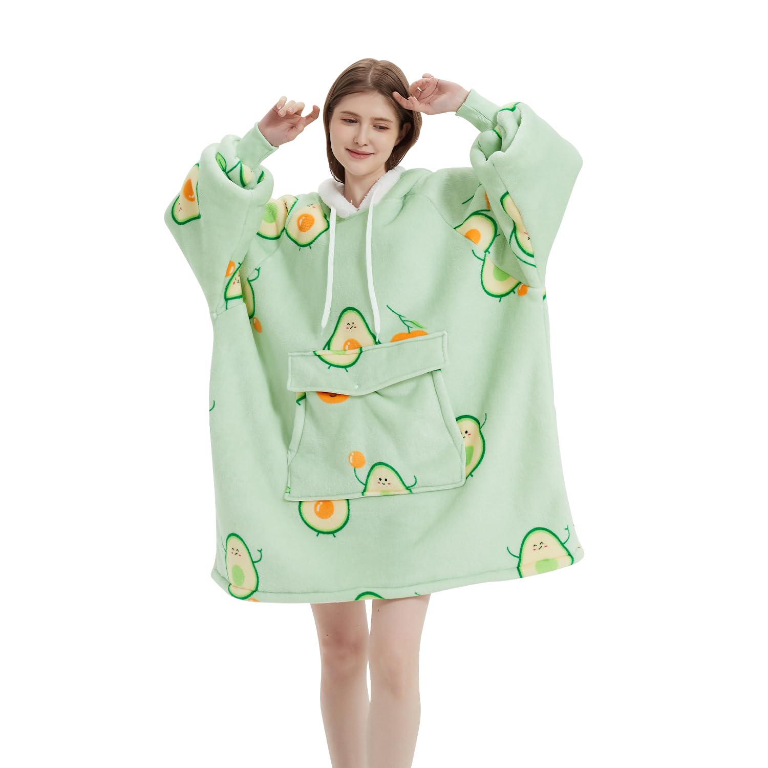 Qeils Oversized Wearable Blanket Hoodie - Hooded Fleece Sherpa Sweatshirt with Deep Pockets for Women & Men | Cozy Warm Loungewear for Home, Office & Travel (Double Pockets, Avocado Green, Adult Size)