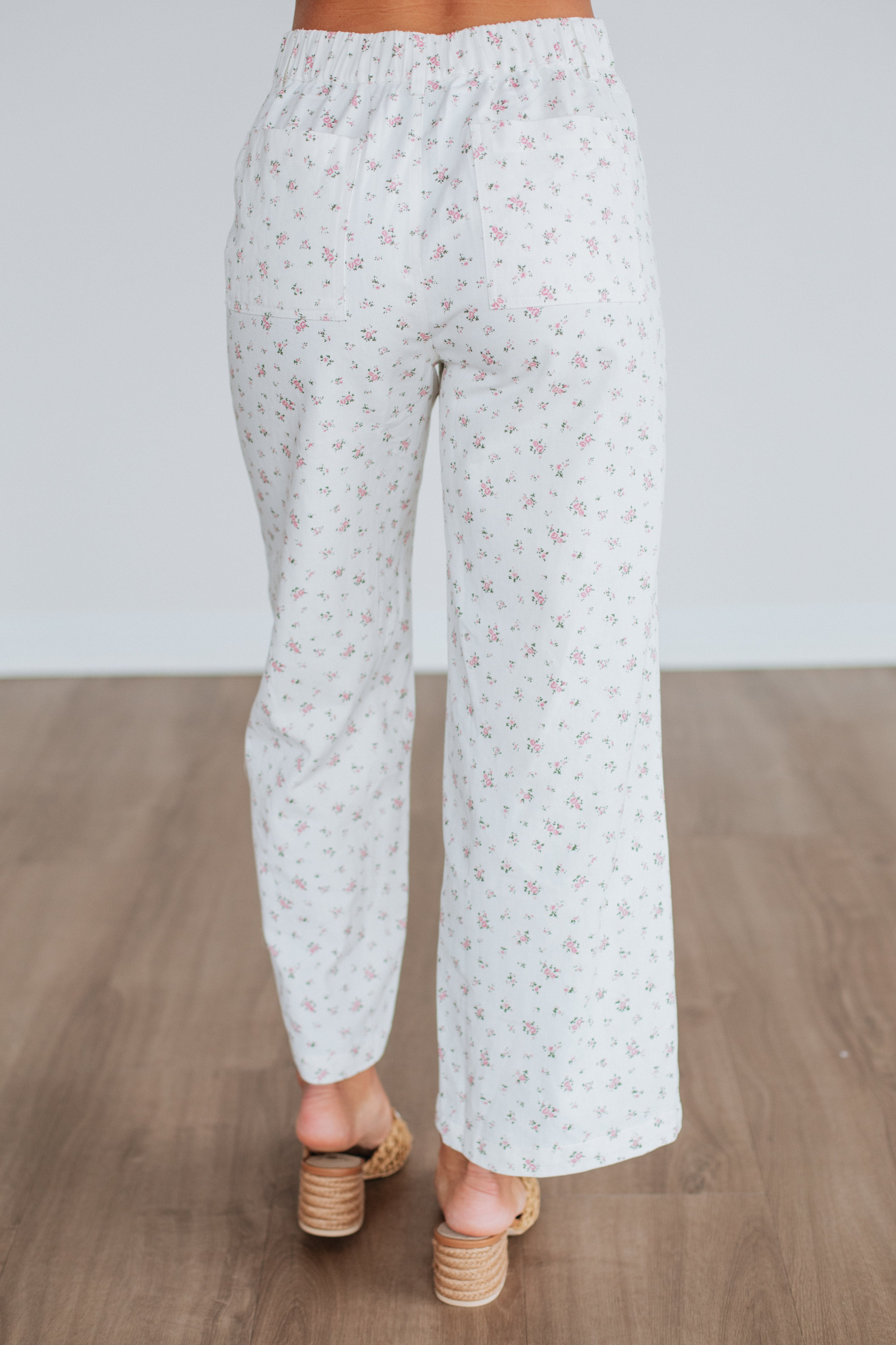 Cheyla Floral Pants Ivory Mix - Women's Boho Floral Print Wide Leg Trousers for Casual Wear, Vacation & Summer Outfits