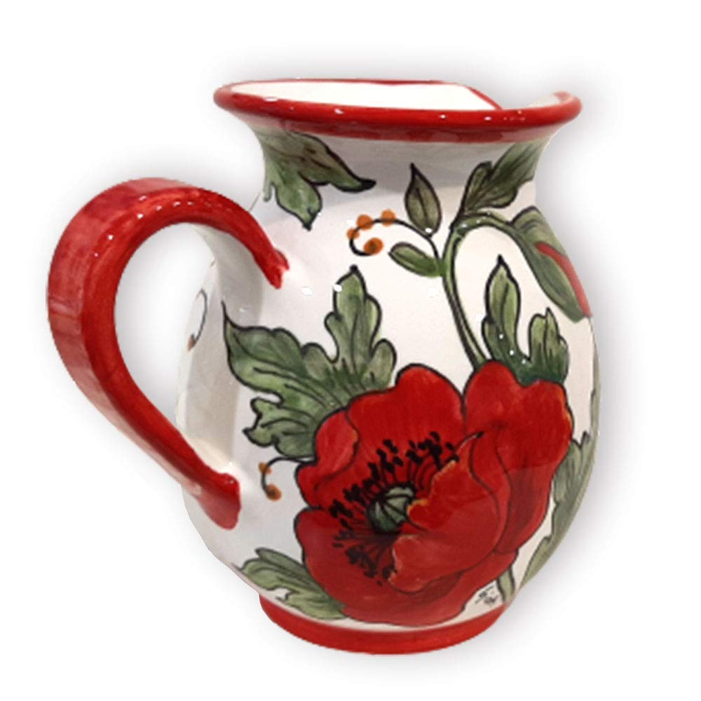 Italian Ceramic Pitcher with Poppies Design - 16oz Hand-Painted Kitchen Carafe, Utensil Holder & Wine Dispenser - Tuscan Pottery Vase for Home Decor - Perfect for Rustic Kitchens, Farmhouse Dining & Gift Giving - Made in Italy