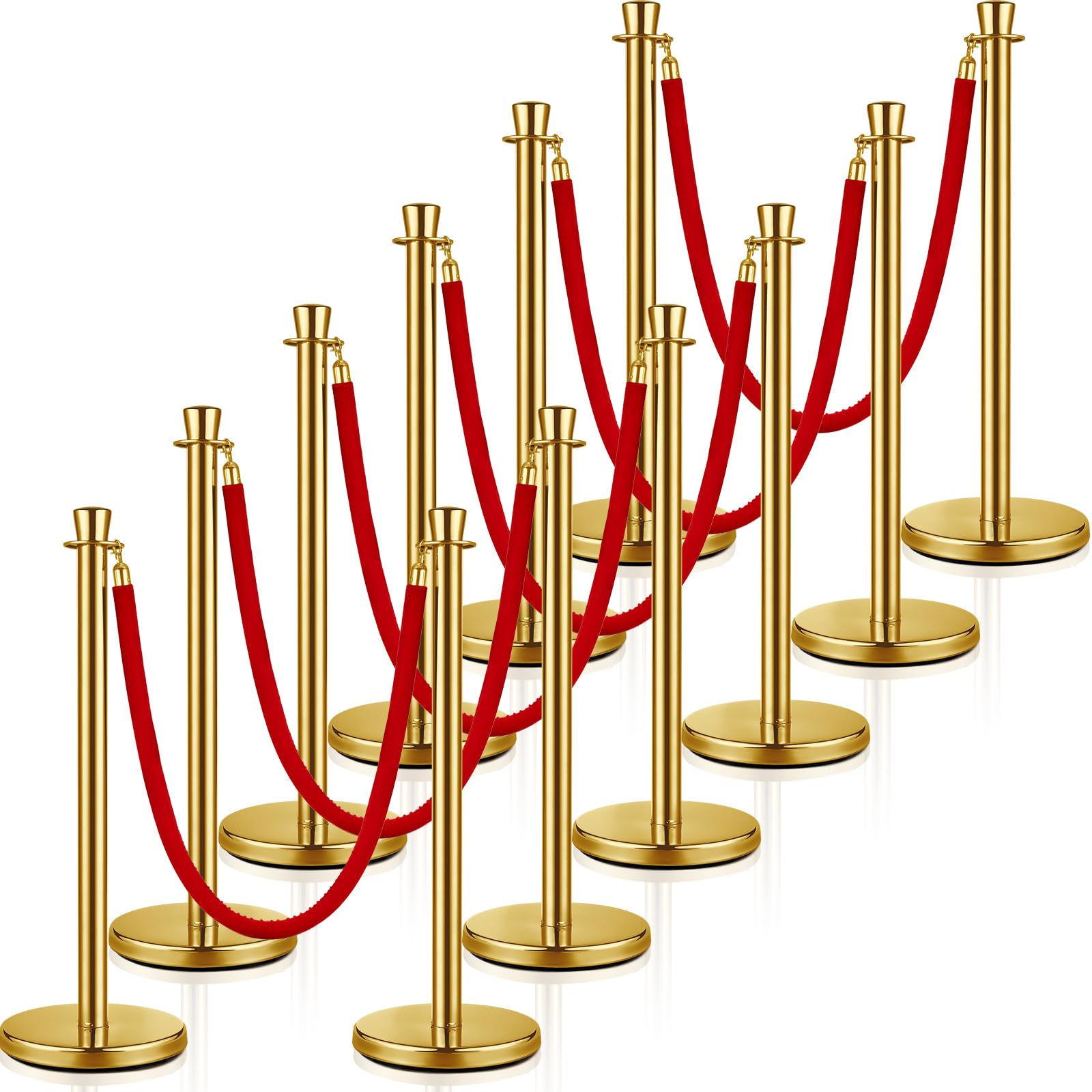 Wesiti 12-Pack Stainless Steel Stanchion Posts with 5ft Red Velvet Rope - Gold Crowd Control Barriers for Events, Parties, VIP Access & Red Carpet Occasions