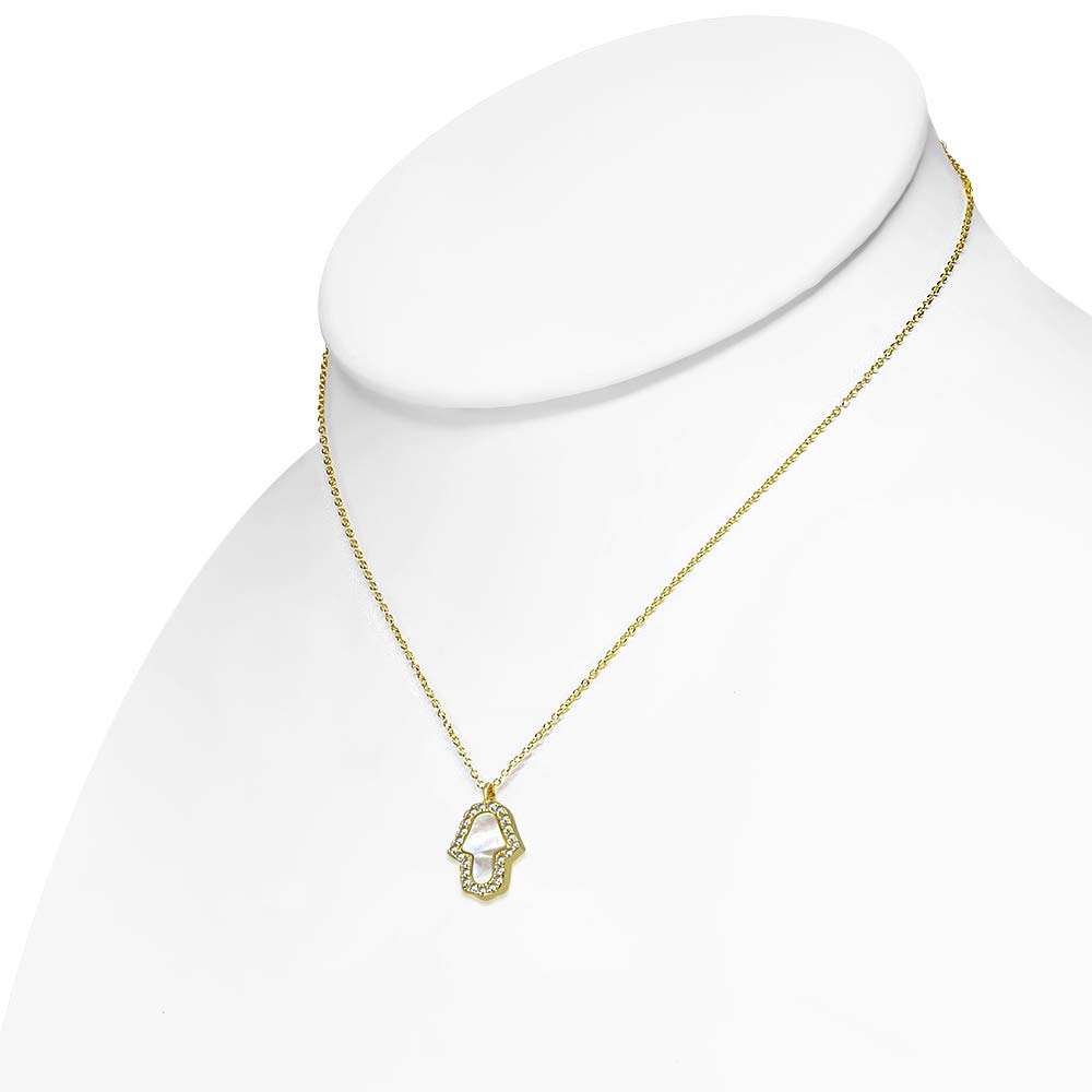 925 Sterling Silver Hamsa Pendant Necklace with Simulated Mother of Pearl & CZ Stones - 18