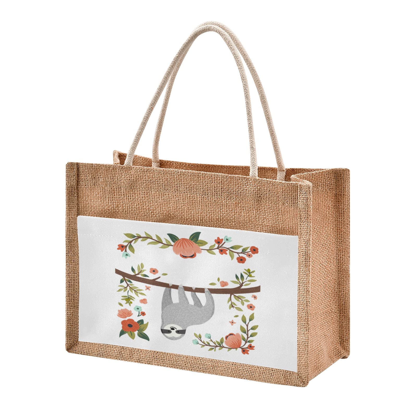 CaTaKu Sloth Flower Spring Jute Tote Bag with Zipper & Handles - Reusable Eco-Friendly Grocery Shopping Bag with Front Canvas Pocket - Perfect for Weddings, Farmers Market, Beach & Daily Use (12