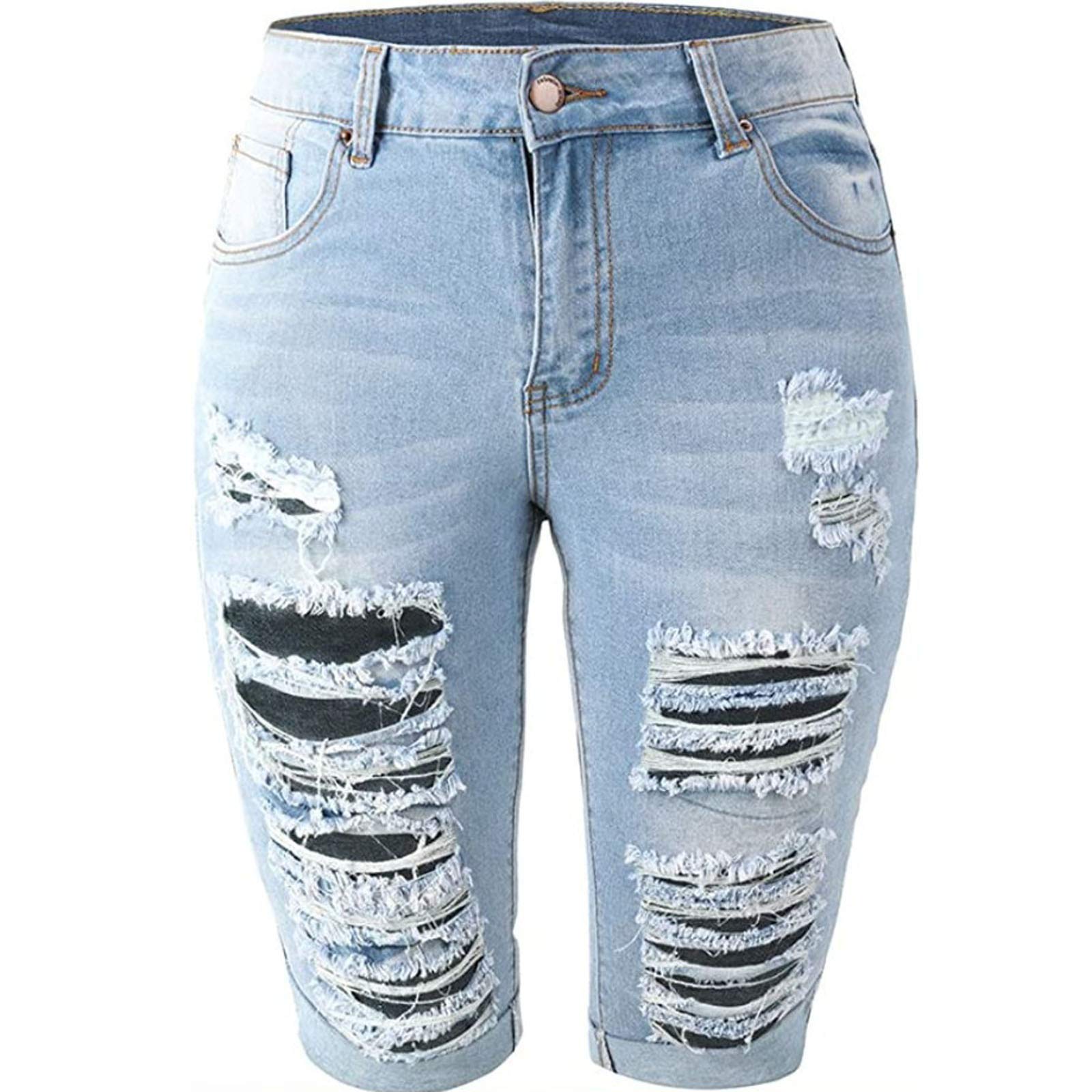 Women's High Waisted Ripped Denim Bermuda Shorts - Distressed Knee Length Stretch Jeans Shorts with Pockets | Casual Summer Outfit, Beach Wear & Street Style Fashion