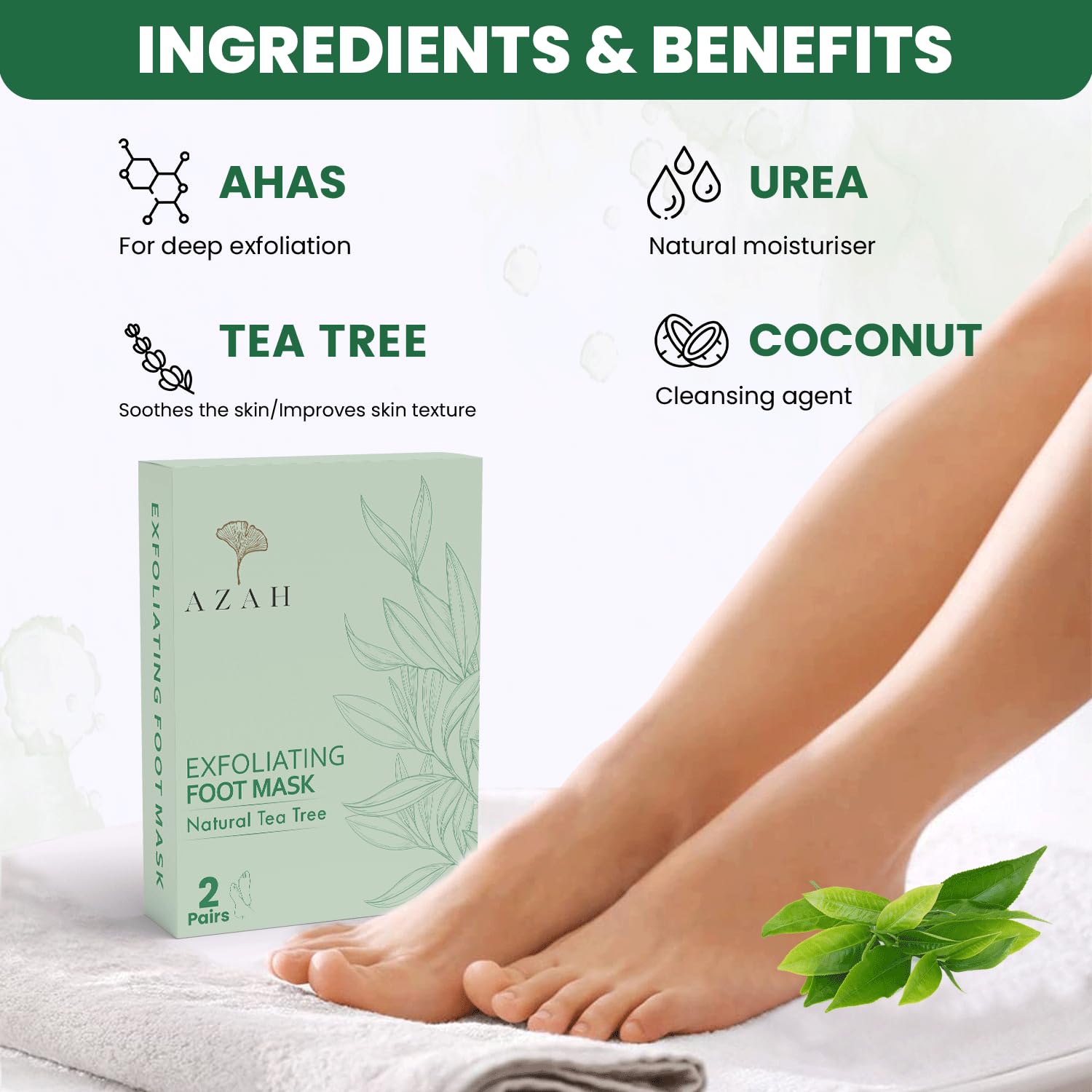 Azah Foot Mask Peeling Exfoliating Treatment [2-Pack] - Cracked Heel Repair, Dead Skin Removal & Moisturizing Foot Care - Tea Tree Infused Exfoliation Sheets for Soft Smooth Feet - Perfect for At-Home Pedicures & DIY Spa Days